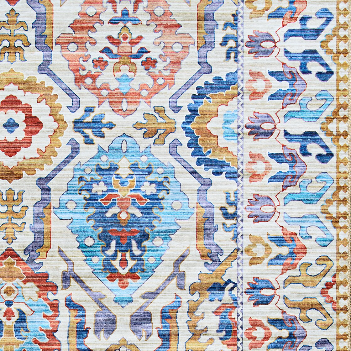 Ivory and Multicolor Synthetic Tribal Runner Rug, 2' x 8'