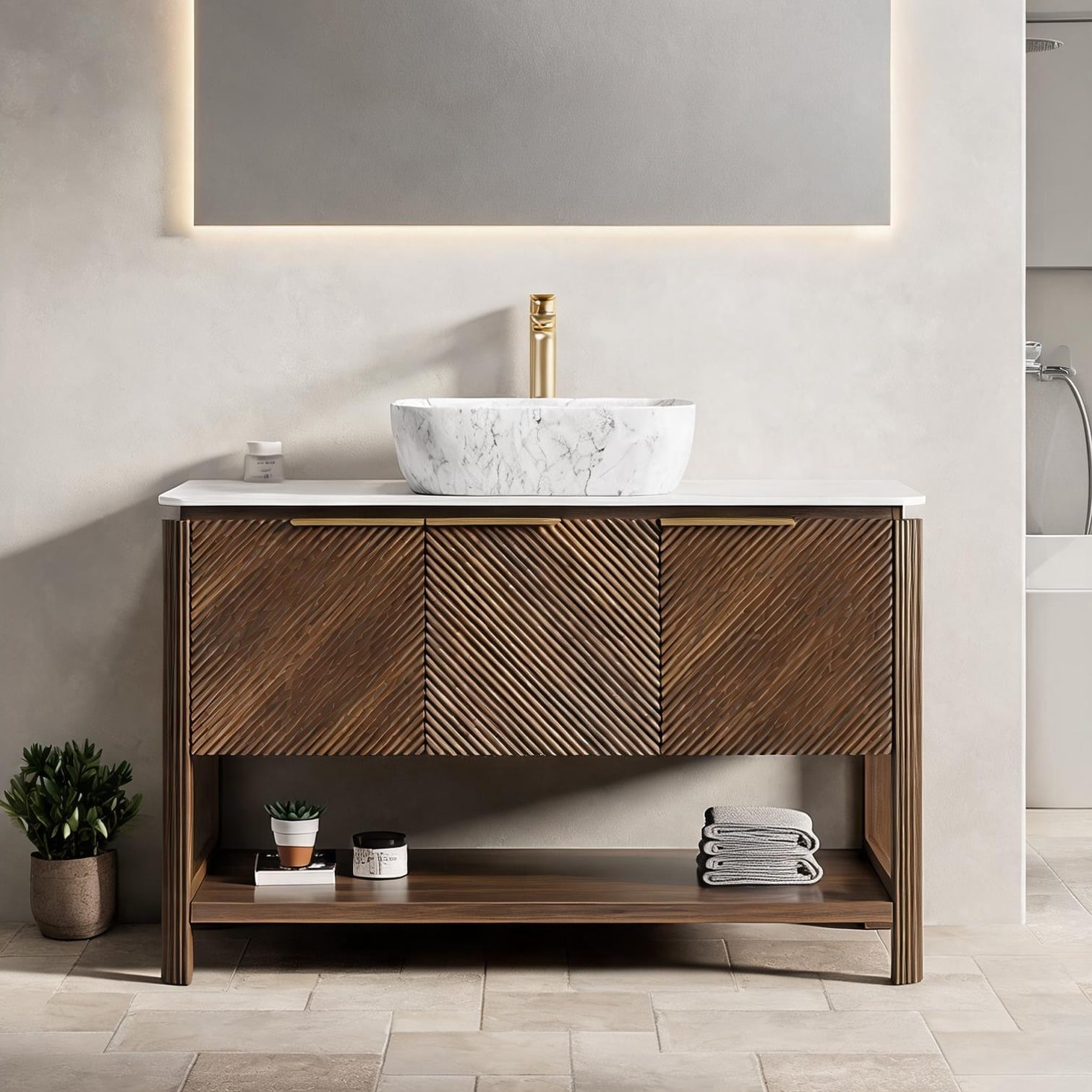 Watnature - Bathroom storage vanity in soft gray with sintered stone top and ceramic basin 48-inc...
