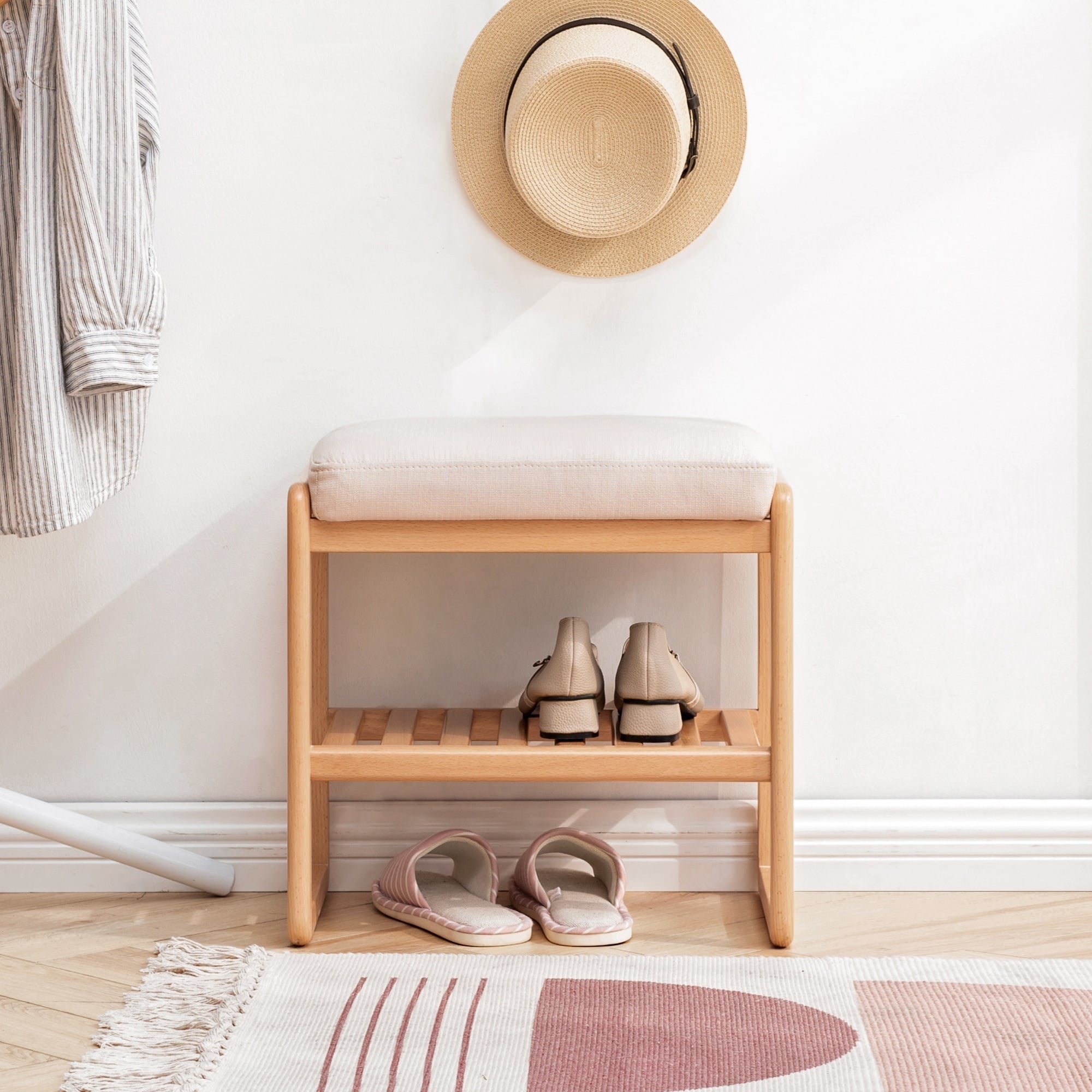 Horizons Prime 24 inch Natural Solid Wood Shoe Bench with High Rebound Sponge Cushion and Two-Tier Storage Shelves