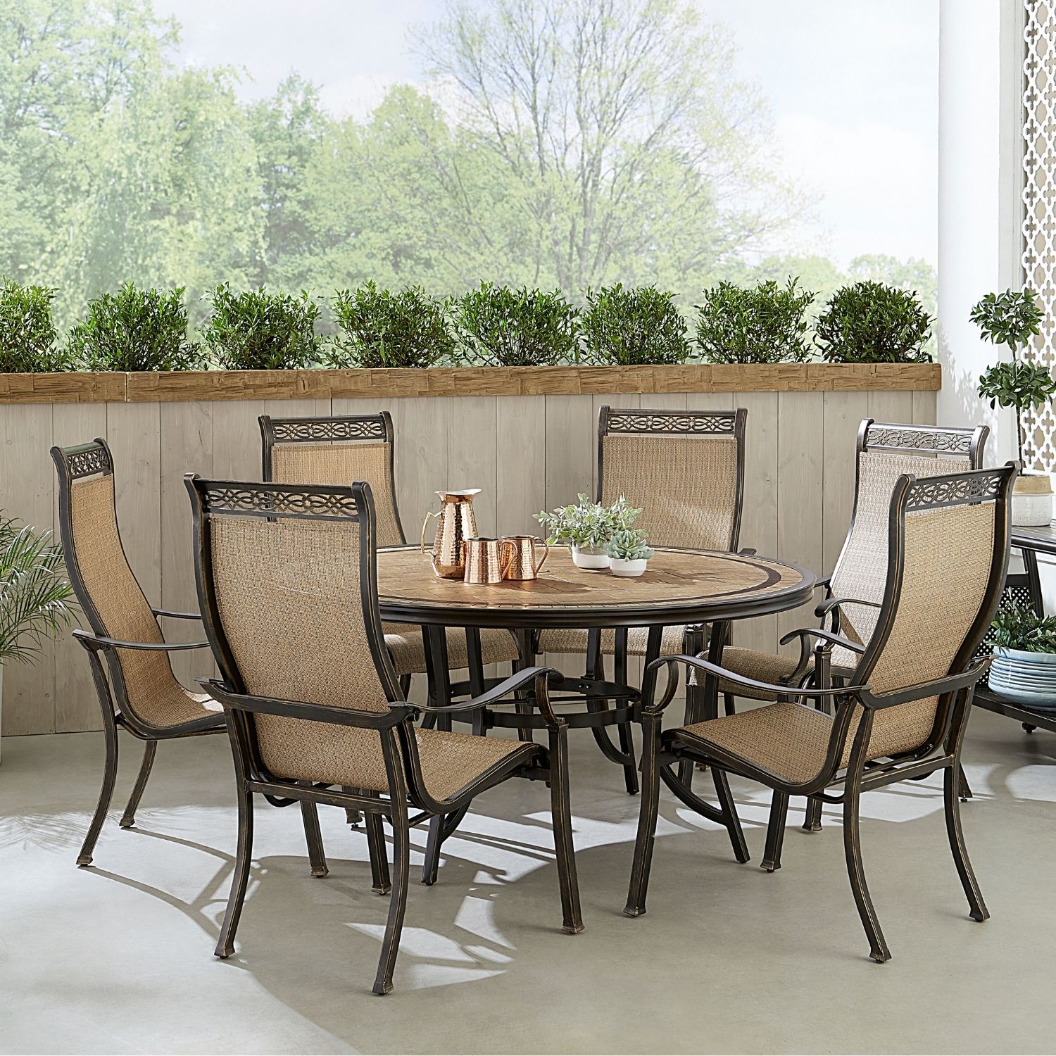 Hanover MONDN7PCRDTL Monaco 7 -Piece Bronze Woven Patio Dining Set Aluminum Round Table with 6 Tan Stationary Chairs