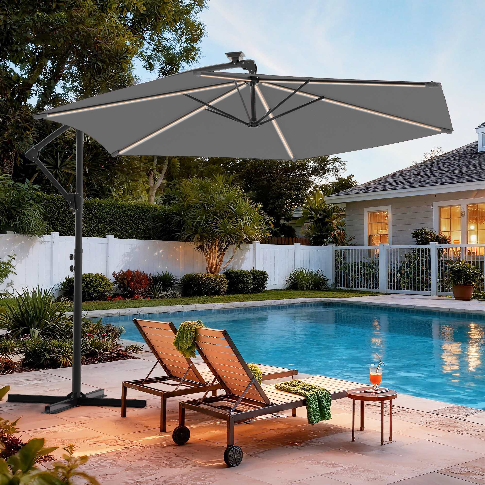 Aok Garden 10 ft Solar LED Patio Umbrella Offset Hanging Lighted Umbrella with Upgraded Foldable Crank and Cross Base in Gray one_size