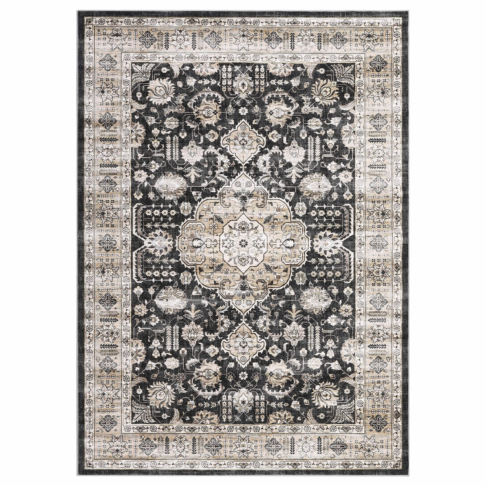 Qeetex LSN-PHO-11QDKSTR 8 x 10 ft Polyester Pearl Velvet Black Rectangular Hallway Bathroom Entryway Kitchen Office Foldable Flower Printed Persian Washable Area Rug