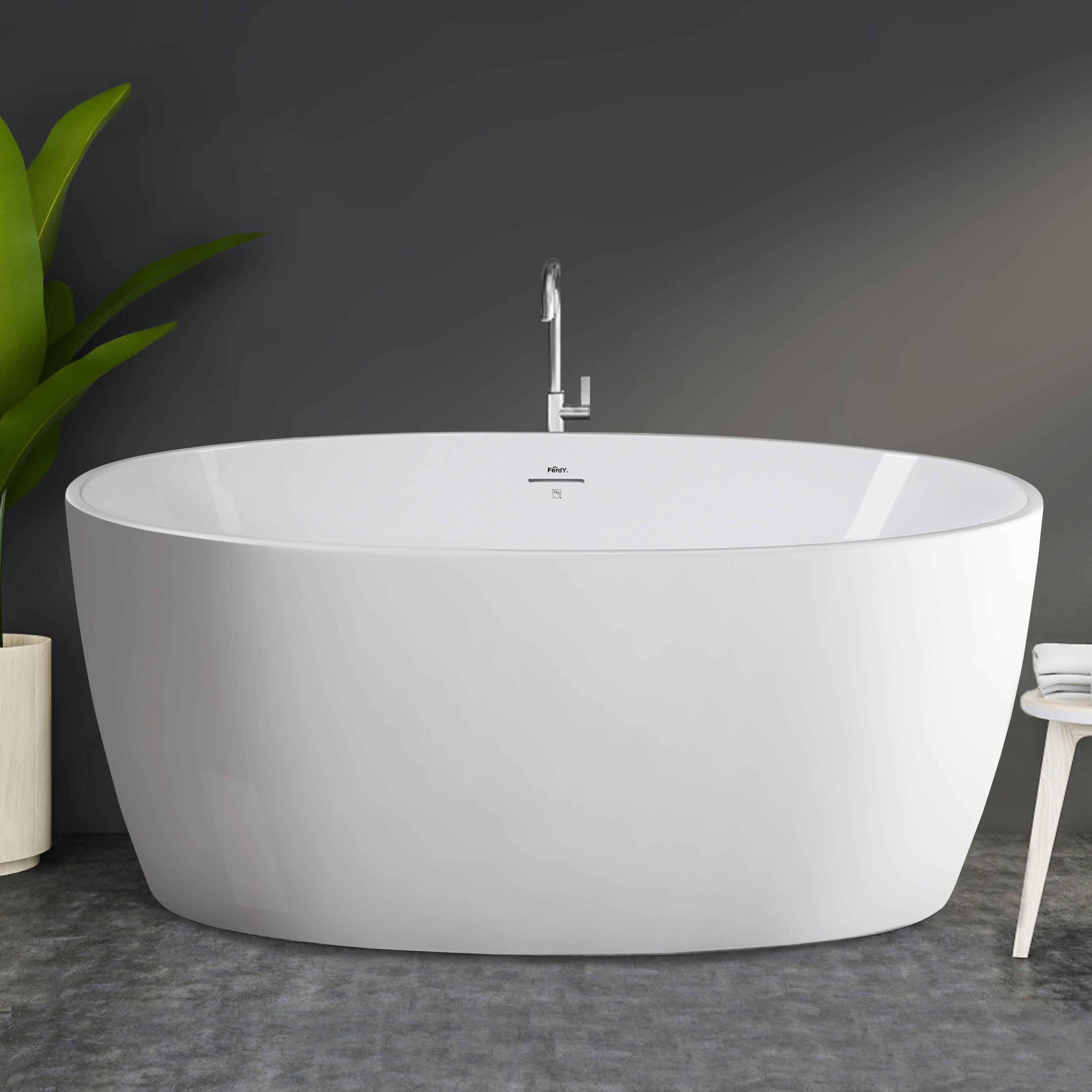 FerdY FERDY-02119-1400-BN Tahiti 30.90-in x 55.40-in White Acrylic Oval Freestanding Soaking bathtub with Drain ( Center Drain )