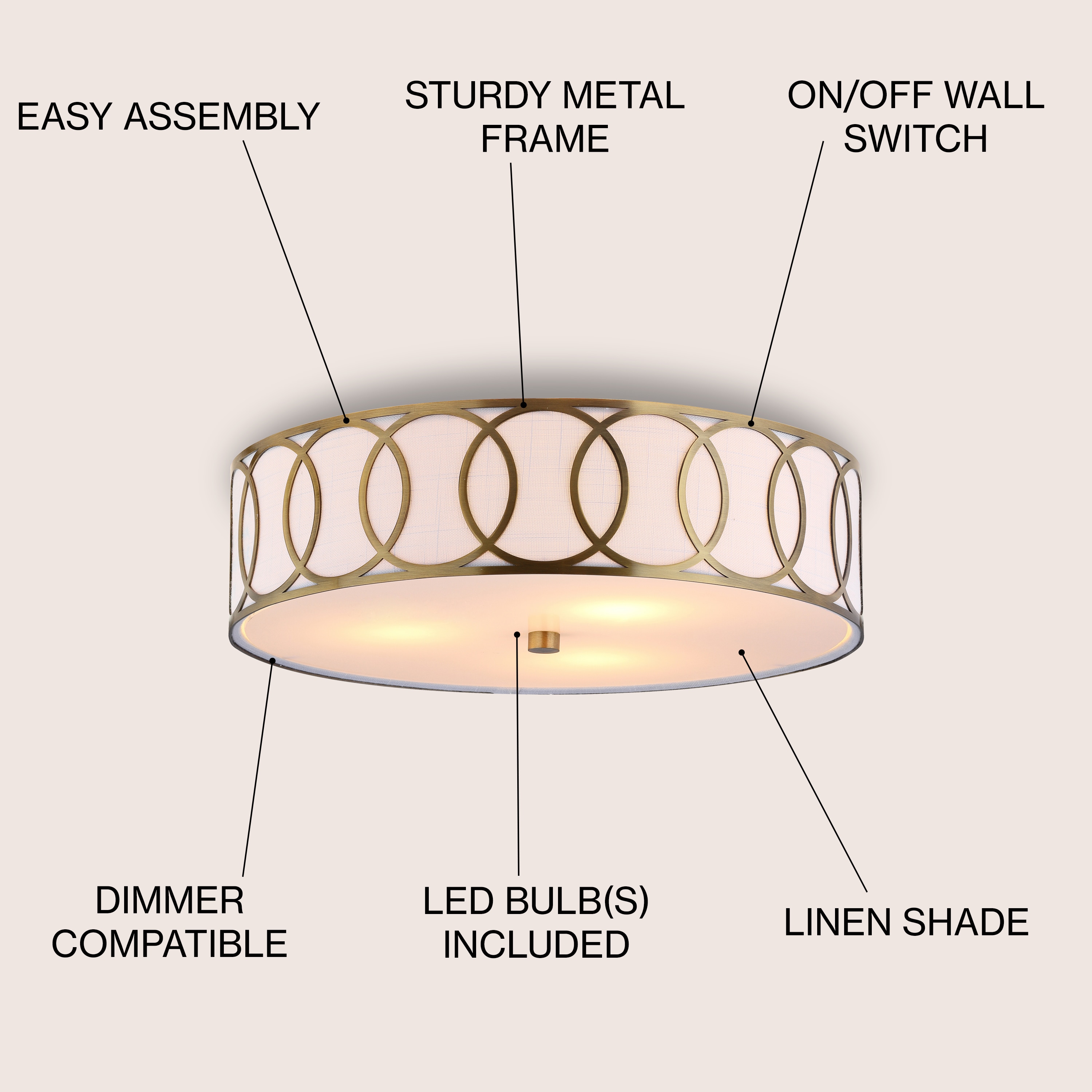 Aubrey Brass Gold 15.5" Drum LED Flush Mount with Linen Shade