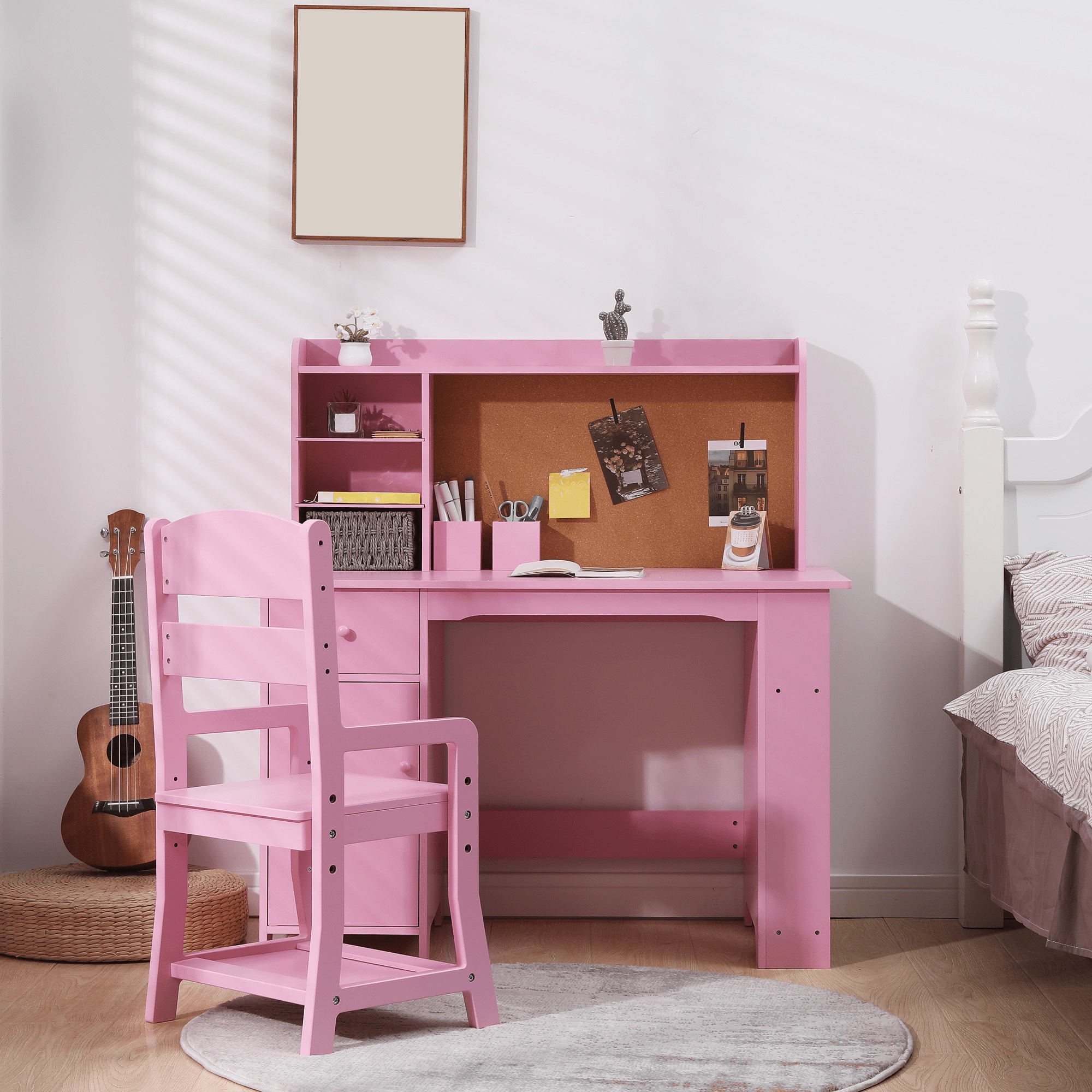Qeetex SUN-PHO-15ID8A53 Kids Study Desk and Chair Set Wood Desk with Bookshelf Bulletin Board and Storage Cabinets for Boys and Girls Ages 3 to 8
