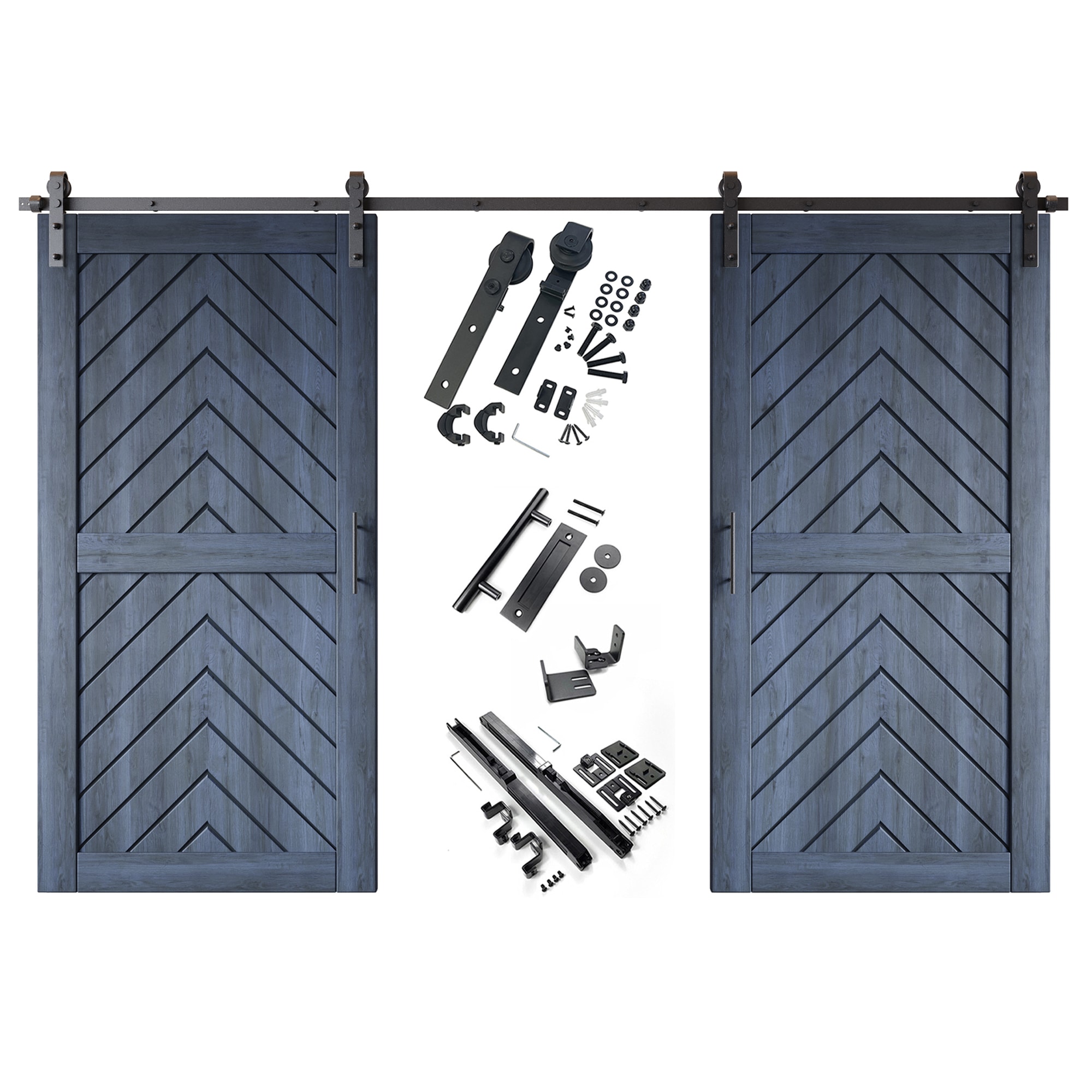 HOMACER YT2H132C-JT1-3280-NA 32-in x 80-in Navy Herringbone Pine Wood Solid core Double Barn Door (Hardware Included)