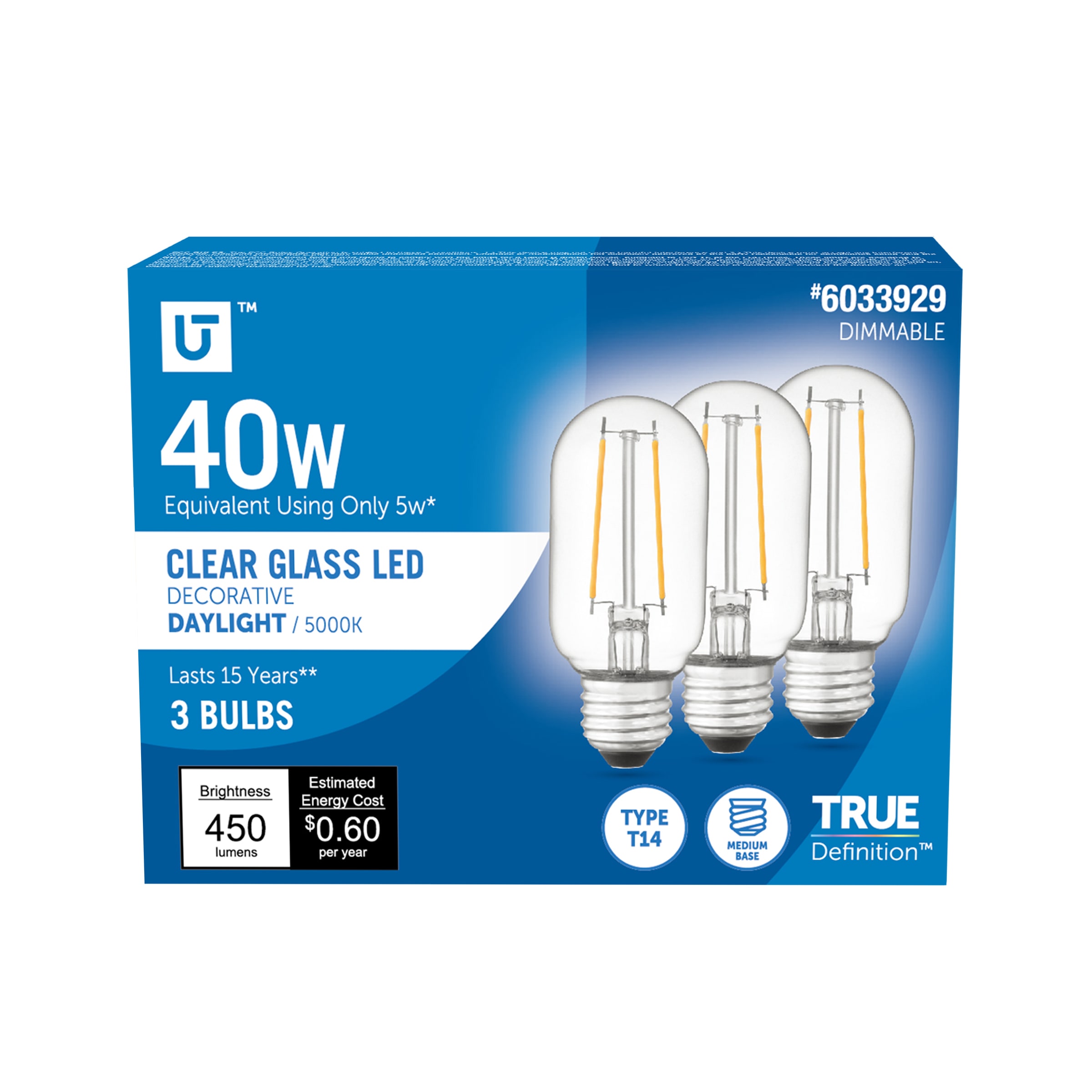 Utilitech 16C11-T14C5W-950T 40 -Watt EQ T14 Daylight Screw bases Dimmable LED General purpose Light Bulb 3 -Pack