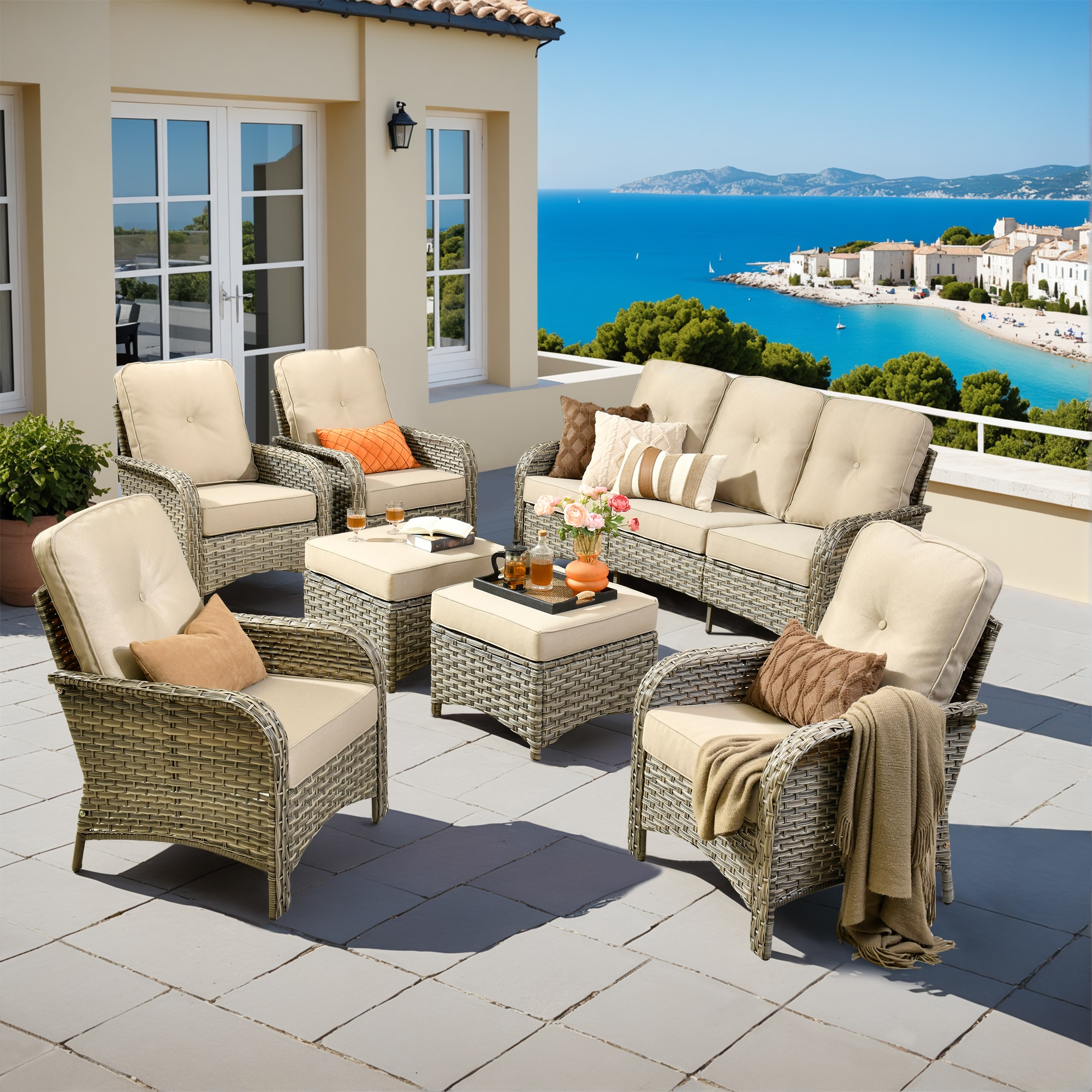 Pouuin SVNC607 7 -Piece Wicker Patio Sofa Conversation Set with Beige Cushions