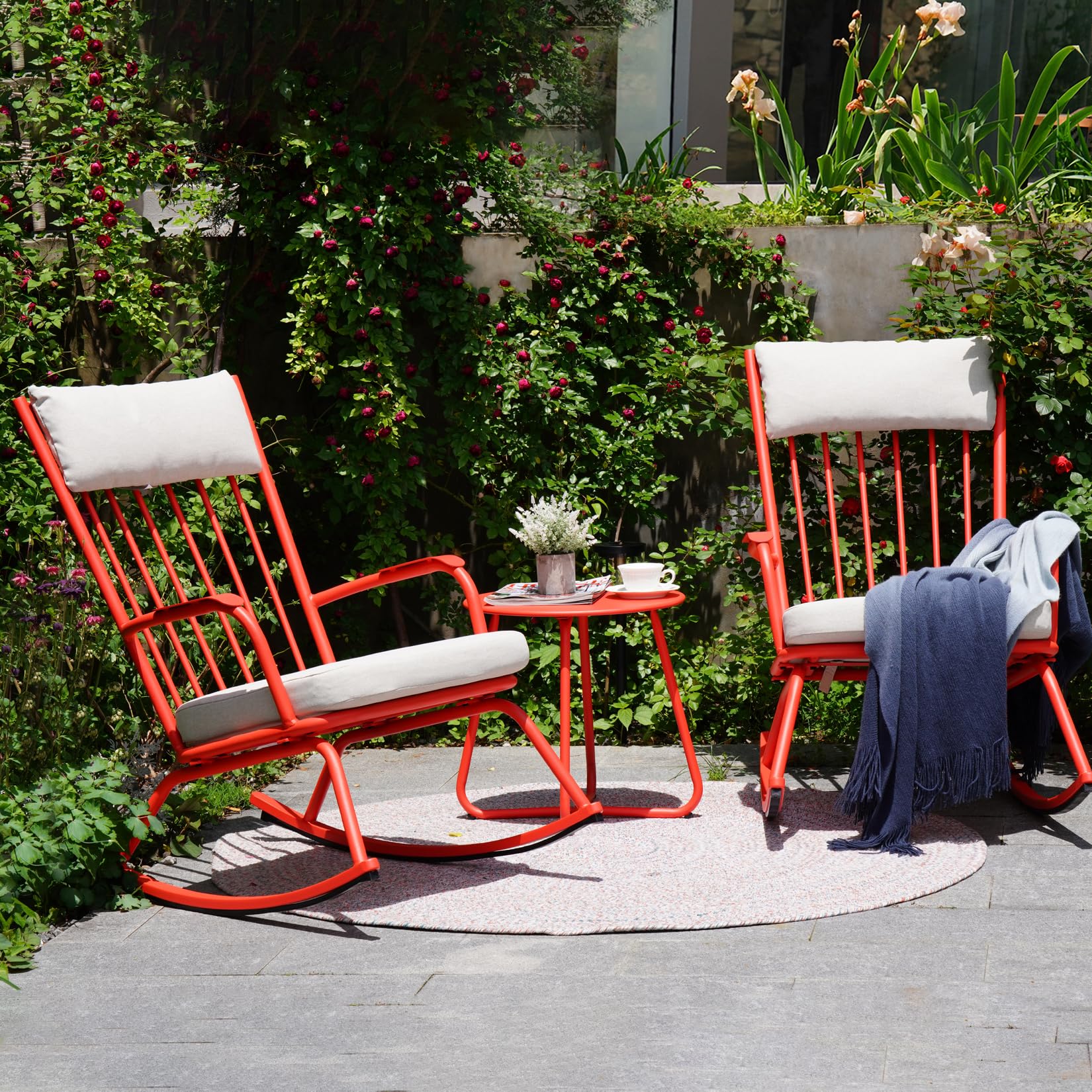 Upland RC-545-RD 3 Piece Outdoor Rocking Chair Set Set of 2 Red Metal Frame Rocking Chair with Red Solid Seat