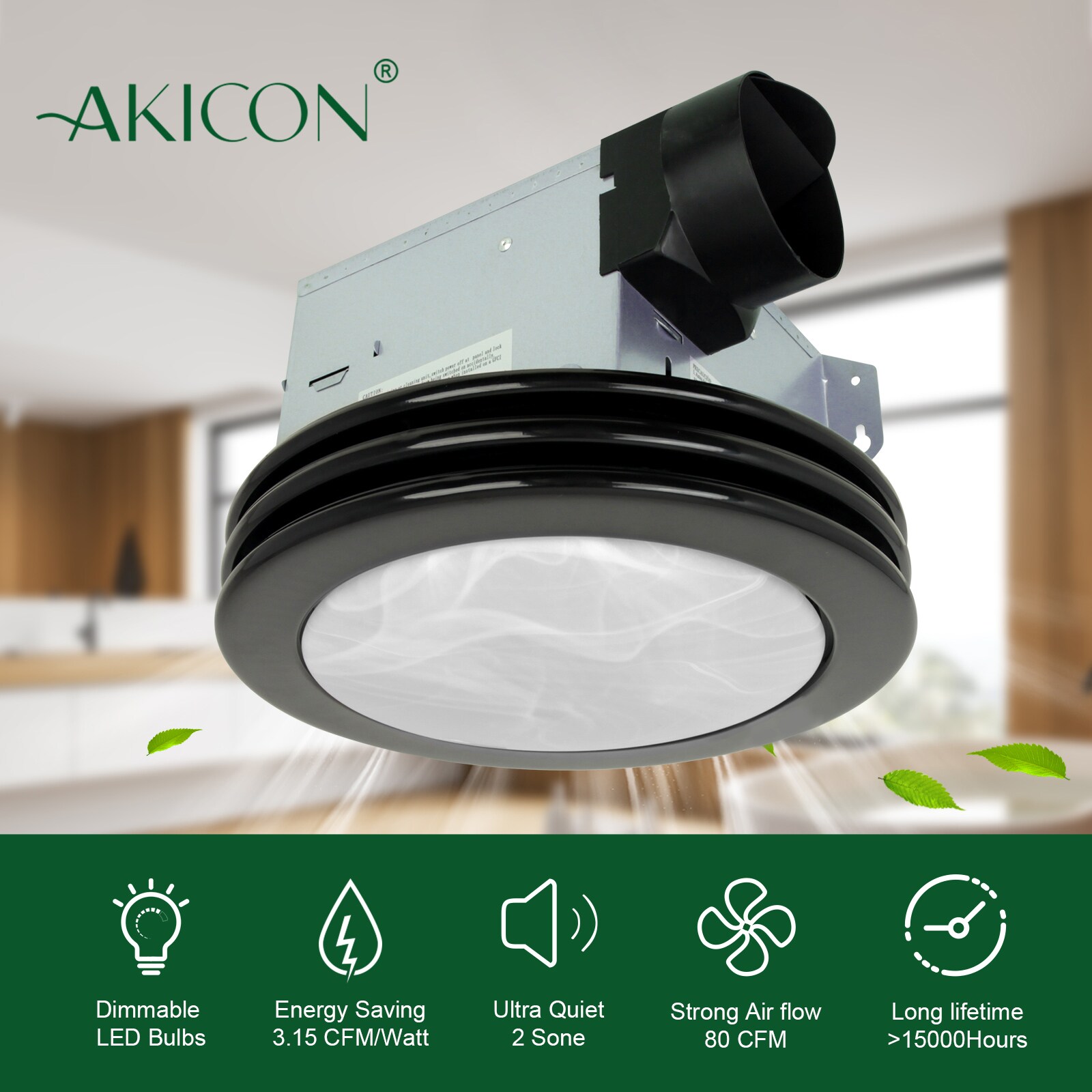 Akicon Bathroom Fan With Lights 2 Sone