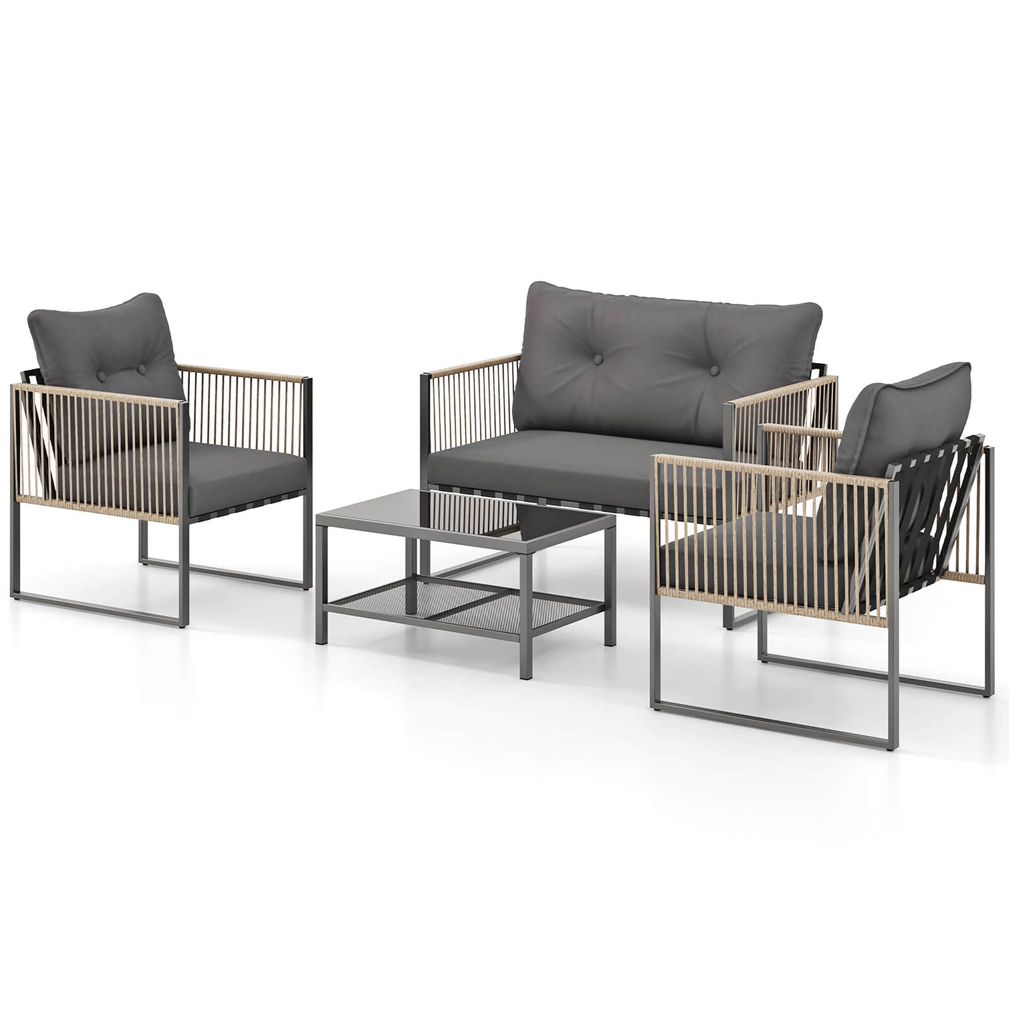 Costway HCST05469 4 -Piece Patio Conversation Set with Gray Cushions