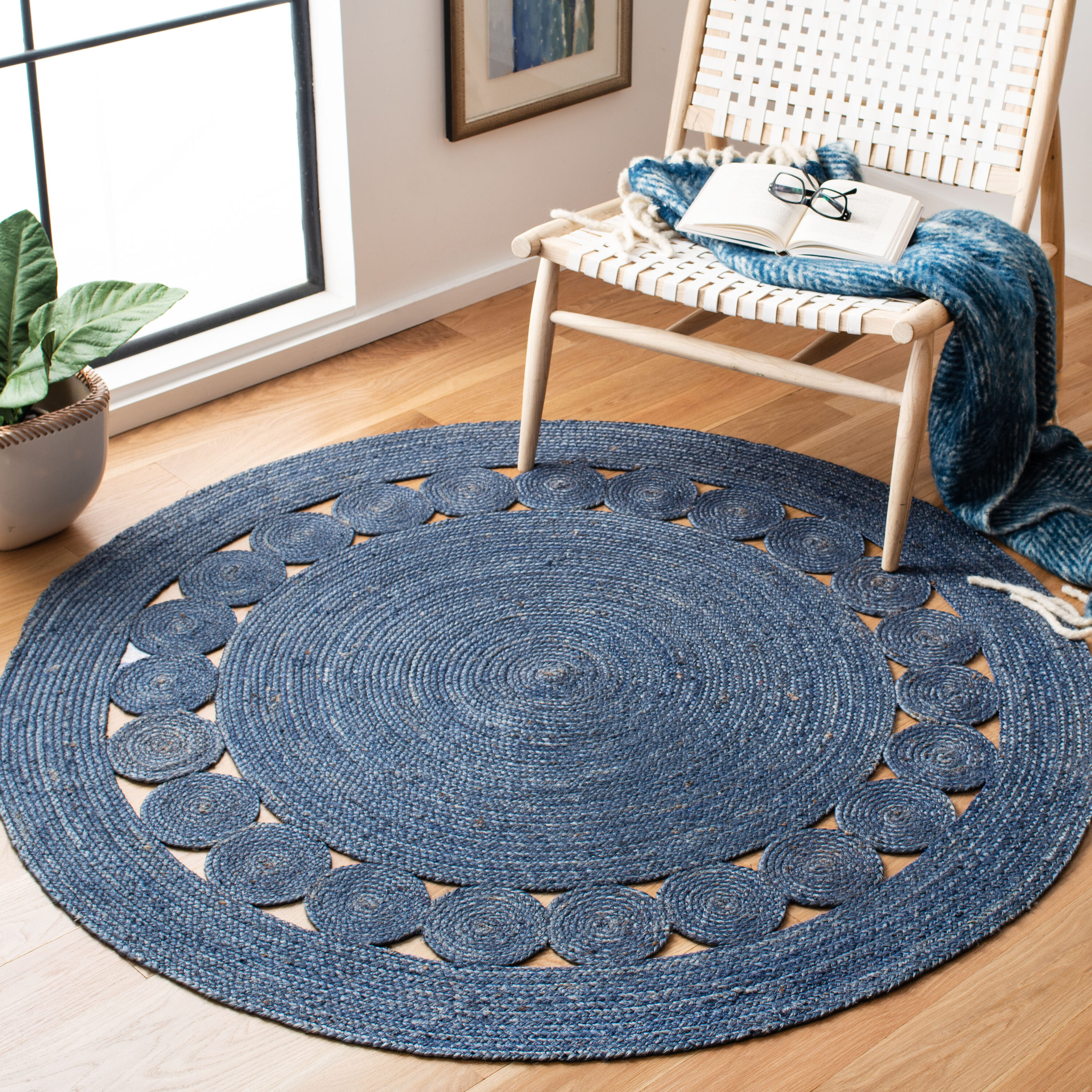  Natural Fiber 364 Navy Country Floral 5ft x 5ft Round Rug