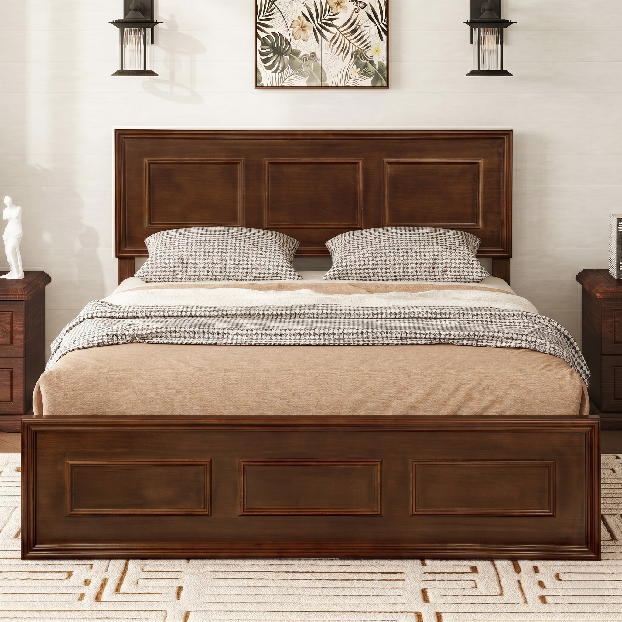 JUSHUA - Full Size Bed with Adjustable Height Headboard Pine Wood Bed with Strengthened Bed Frame...