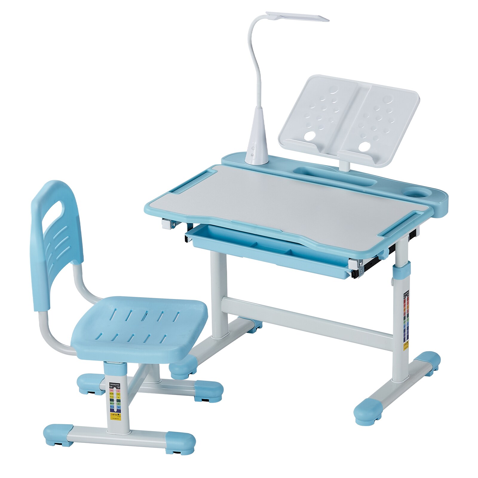 GIVIMO Kids Study Desk and Chair Set with Table Lamp Height-Adjustable Ergonomic Children Desk and Chair with 0 to 40-Degree Tilting Top Drawer Storage Steel Hooks and MDF Panels 220-lb Capacity for Bedroom Study Room and Classroom Blue Color