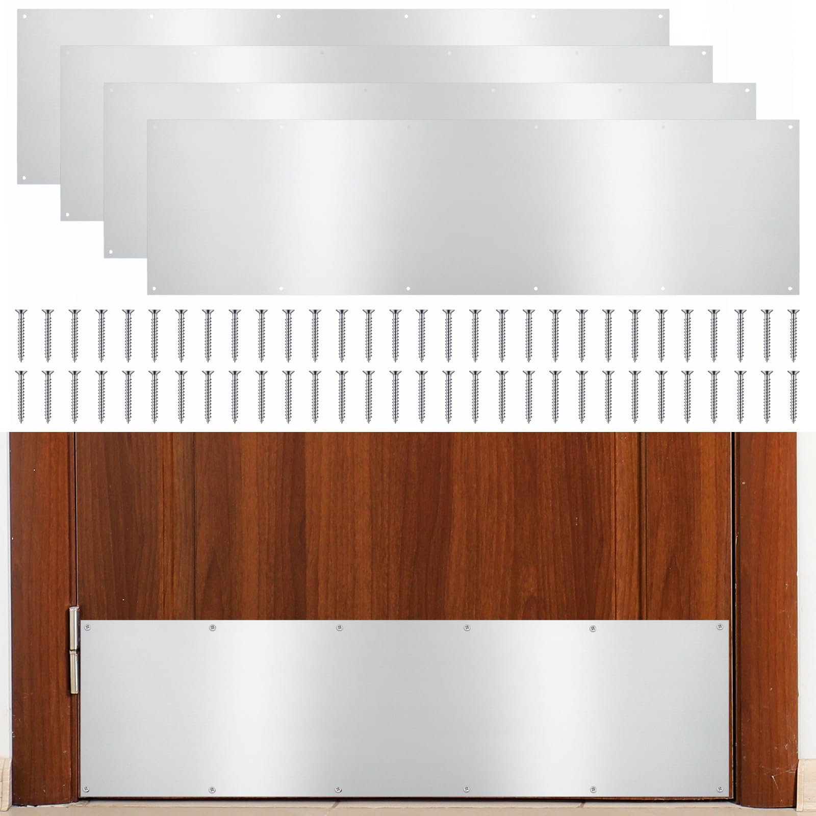 SenQWFa  4 Piece Door Kick Plates for Exterior and Interior Doors Aluminum Rectangular Door Push Plates with Satin Finish 34 by 8 Inch Silver Gray