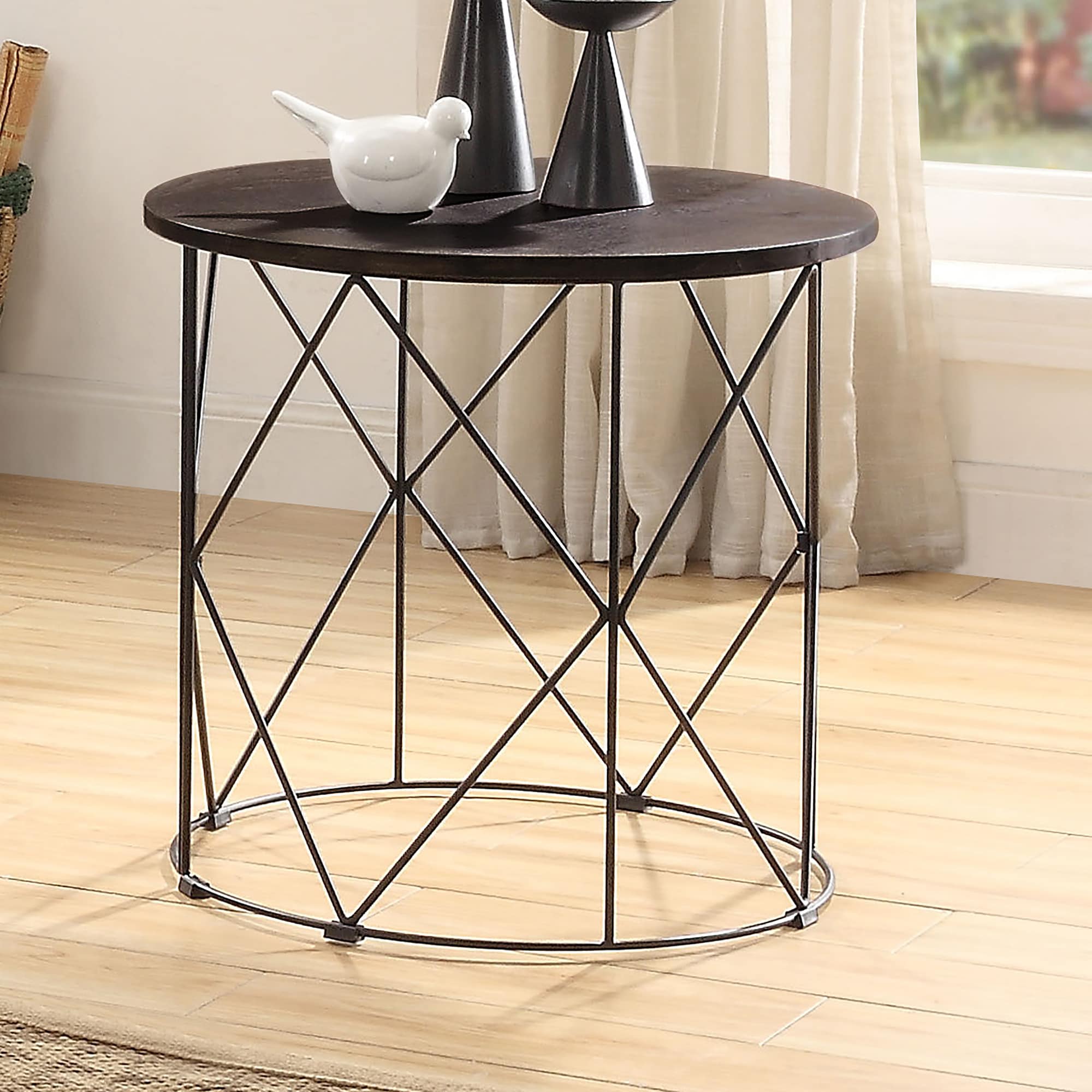 Furniture of America IDF-4343DK-E Ramblewood 23.63-in W x 23-in H Walnut and Black Wood veneer Round Industrial End Table Assembly Required