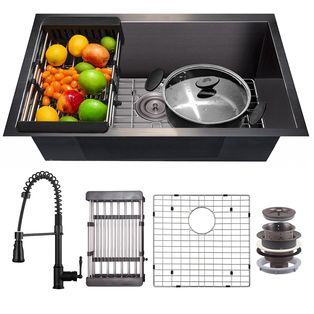 AKDY KS0523-KF12 Undermount 25-in x 22-in Matte Black Stainless Steel Single Bowl Kitchen Sink All-in-one Kit