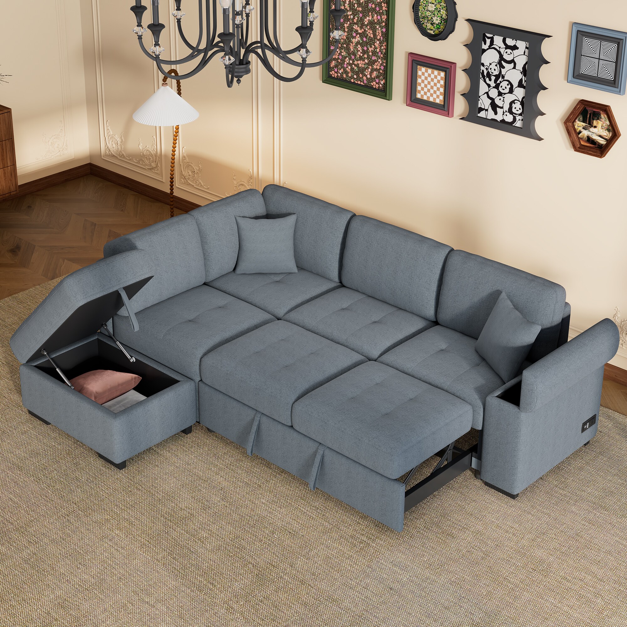 LOVMOR SF-L-SG000250AAN Sleeper Sectional Sofa L Shape Corner Couch Sofa Bed with Storage Ottoman and Hidden Arm Storage USB Charge in Dark Gray