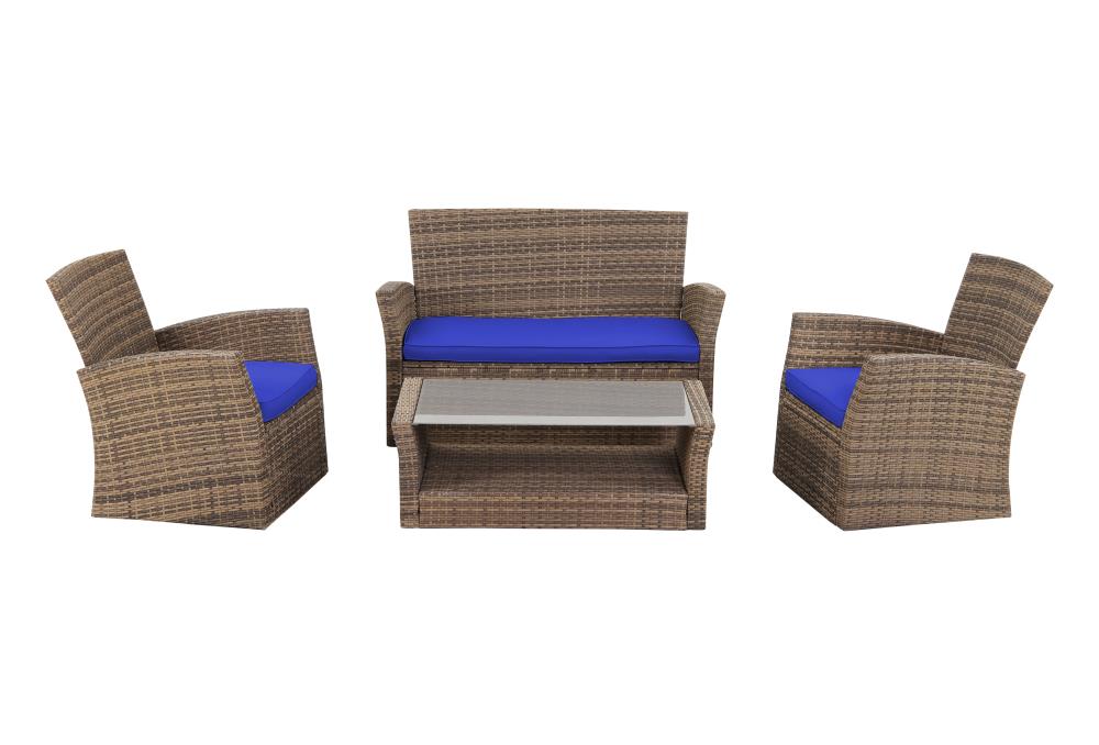 FOREST HOME RS4003-BL 4-Piece Wicker Patio Conversation Set with Blue Cushions