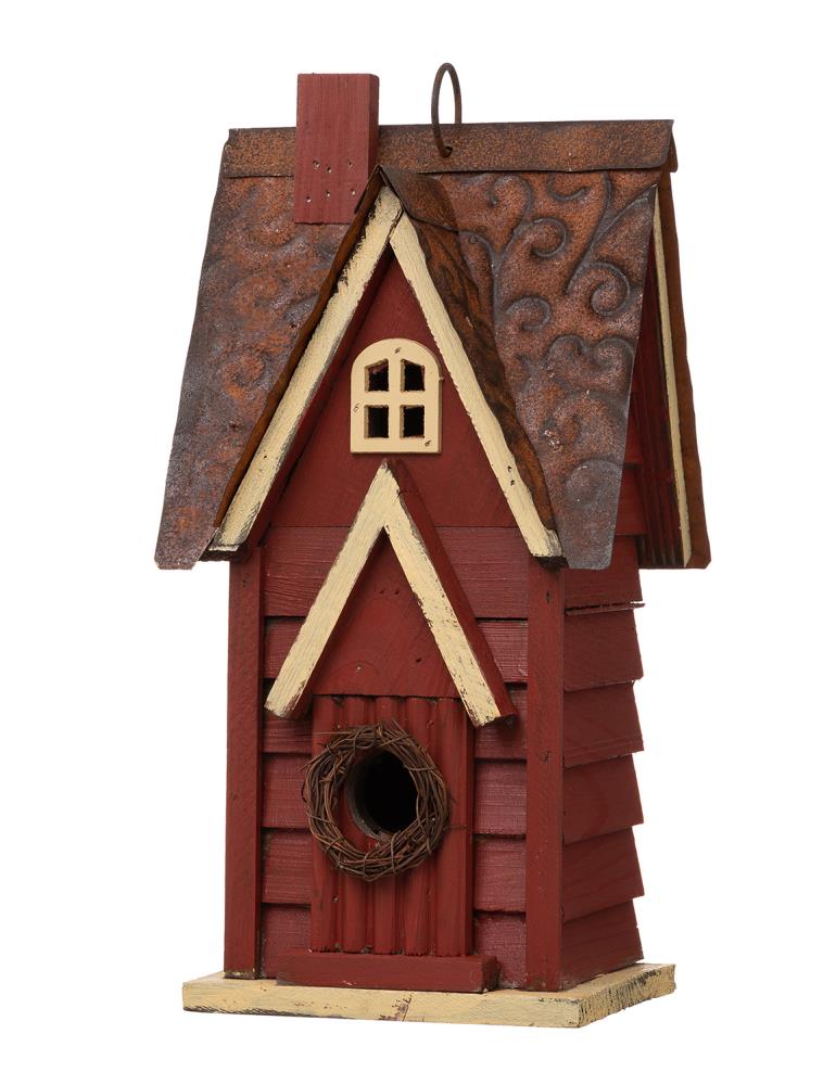 Glitzhome Solid Wood Distressed Cottage Garden Birdhouse Hanging Bird House for Outdoors 12 H,Red