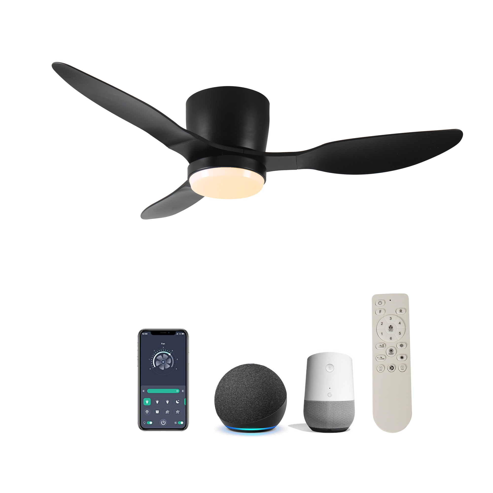 BABOOM BOM-P204479-OR 42-in Color-Changing Integrated LED Flush Mount Smart Black with Matte Black Blades Ceiling Fan With Light - Remote Included ( 3 -Blade )
