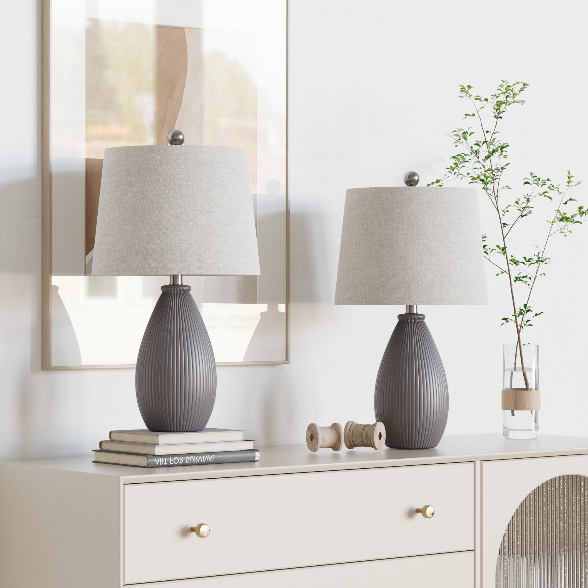 Gray Ceramic Table Lamp Set with Oatmeal Shades