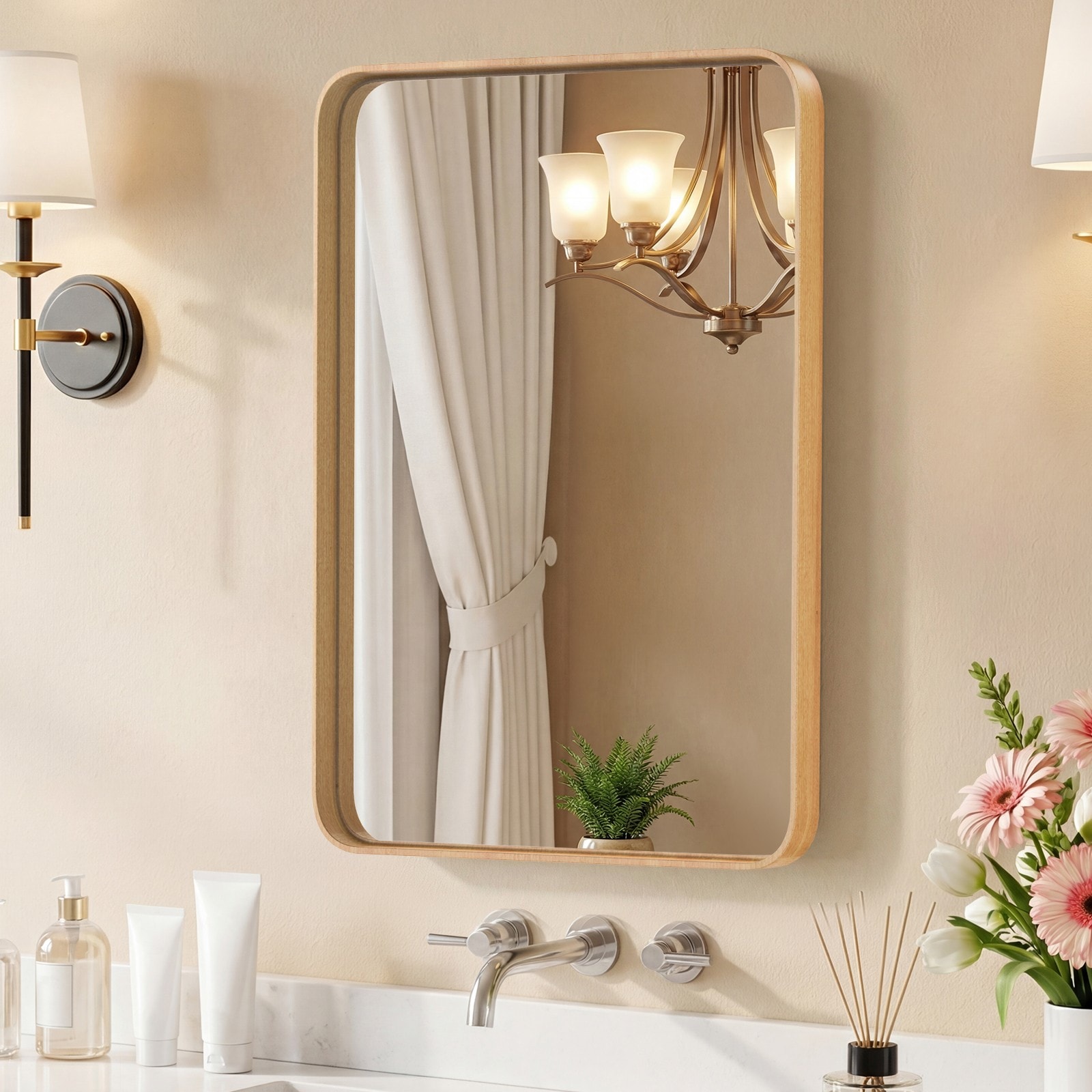 GlasFlength 30x40 Inch Wood Grain Colored Metal Frame Bathroom Mirror Rounded Rectangle Anti-Rust Wall Mirror Hangs Horizontally or Vertically for Bathroom Vanity Washroom #642135862421