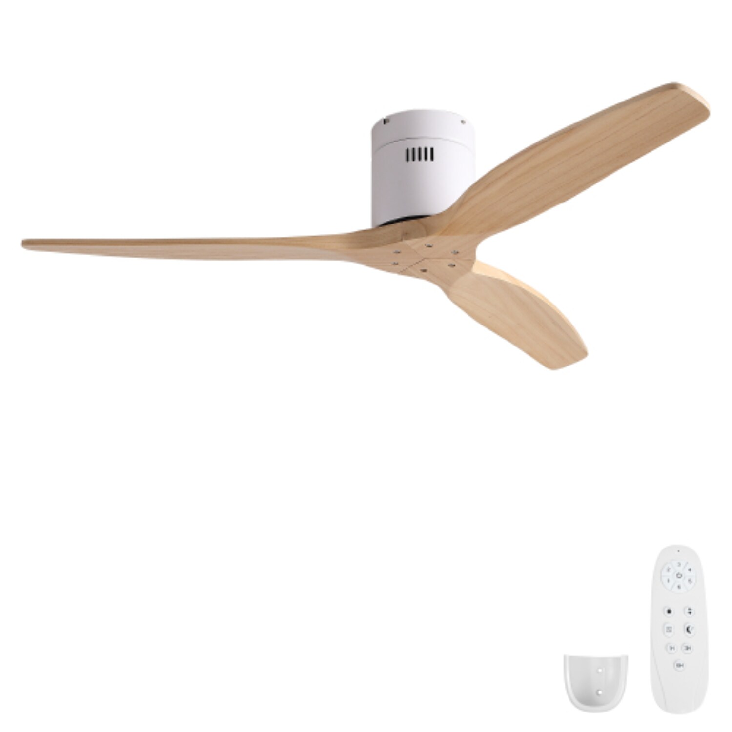 BBLLWJ 52 Inch Matte White with Solid Wood Blades Non LED for Indoor American Modern Cozy Natural Style Flush Mount Ceiling Fan Without Light and Remote Control Included 3 Blade