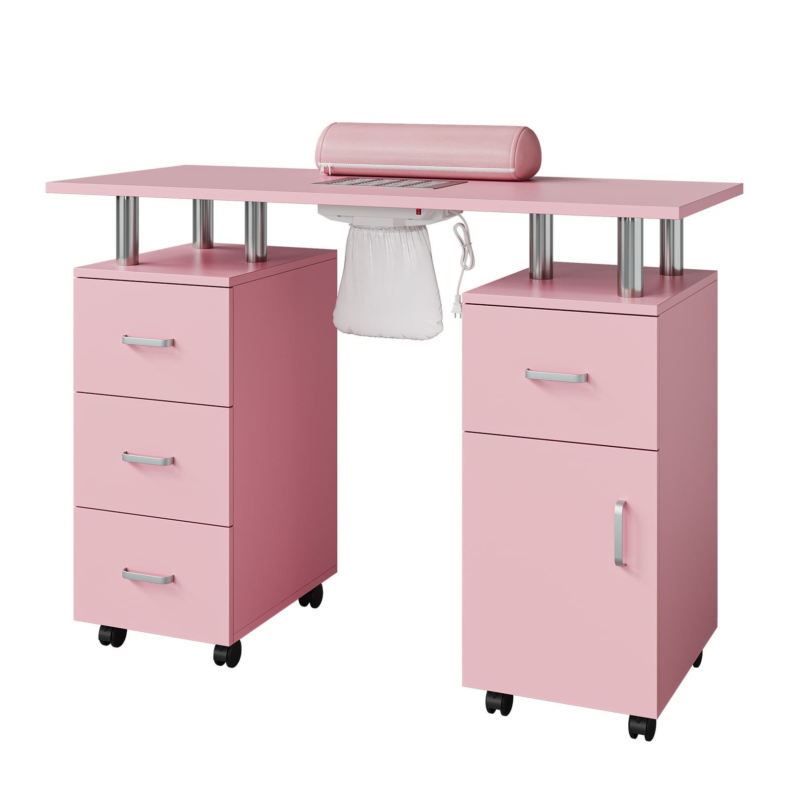 DEXSO Pink Manicure Table with Electric Dust Collector 4 Drawers and Side Cabinet Storage