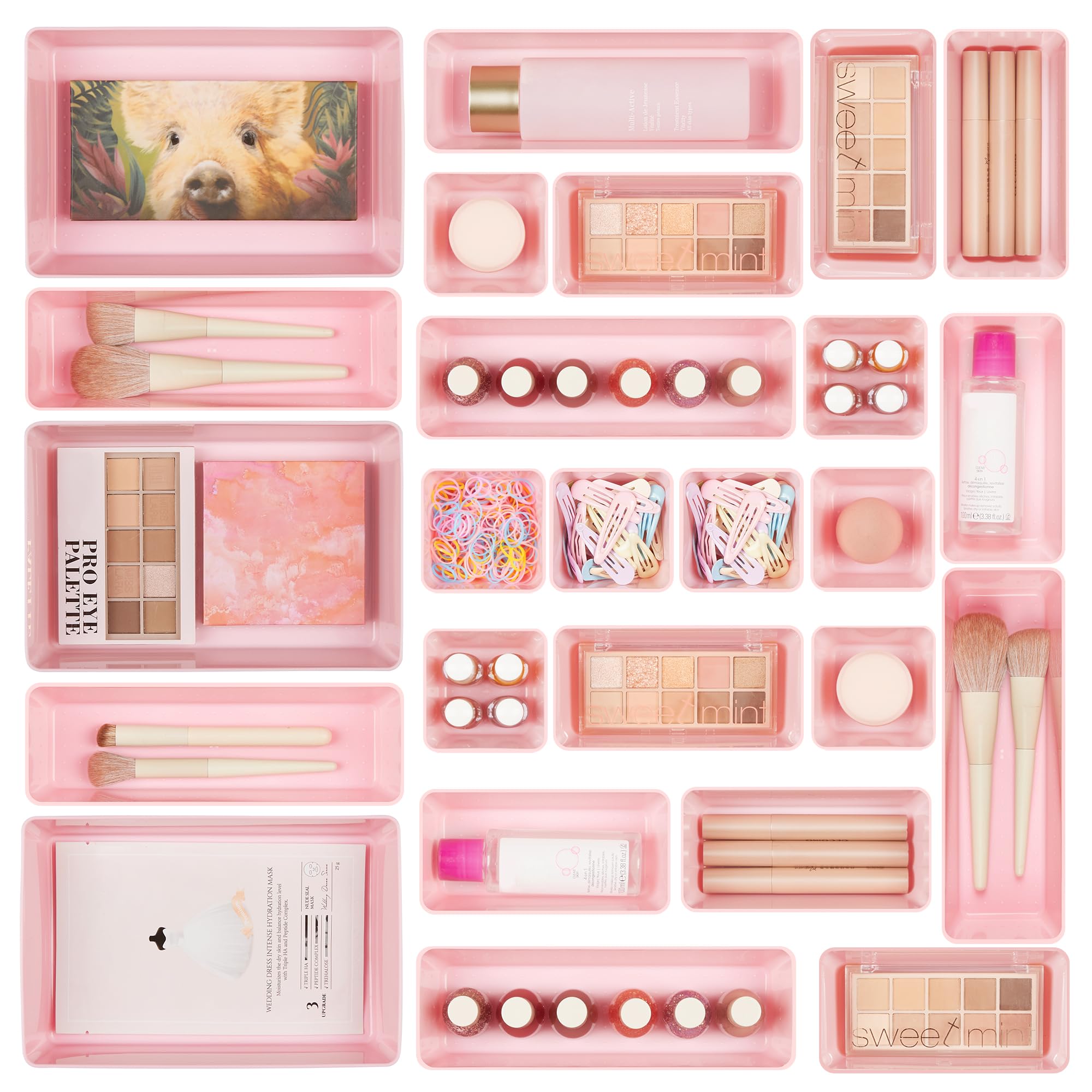 Wudkey 25-Pieces Plastic 4-Size Drawer Organizers Set with Non-Slip Silicone Pads for Home Storage in Pink #L4-CY3K6J