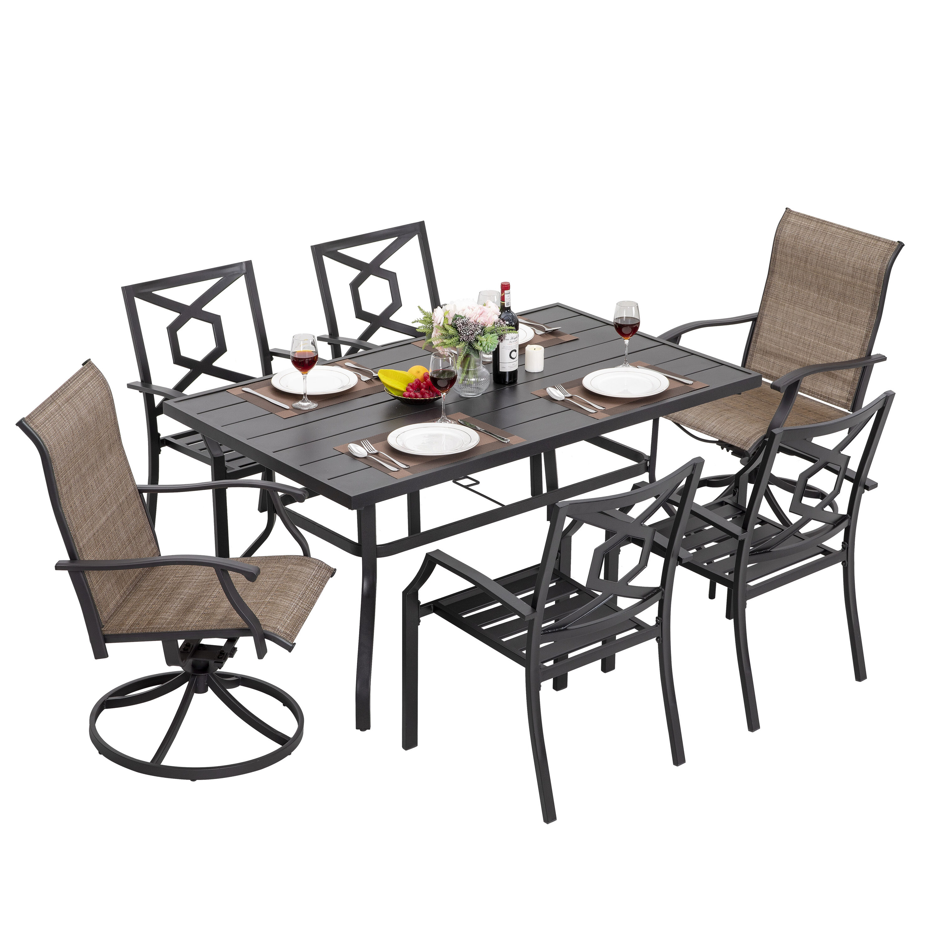 Nuu Garden SID018-01 7 -Piece Black with Gold Speckles Patio Dining Set Iron Rectangle Table with 6 Stationary Chairs