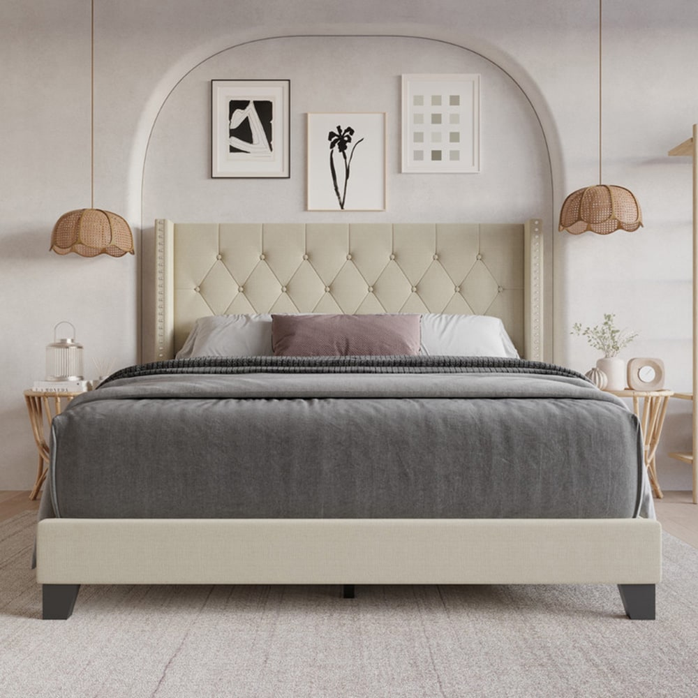 Full Beige Wood Tufted Panel Bed with Headboard