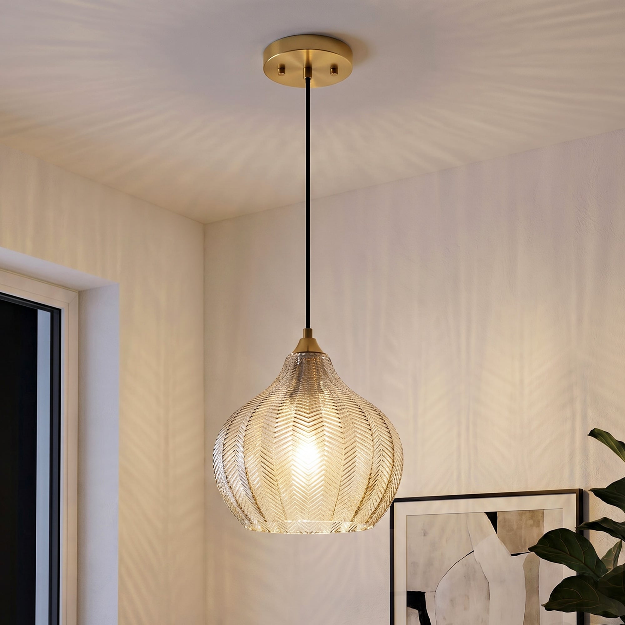 Lanmate  Amber Pendant Lighting Fixture Adjustable Height for Kitchen Island Herringbone Glass Pendant Light 9.05-in
