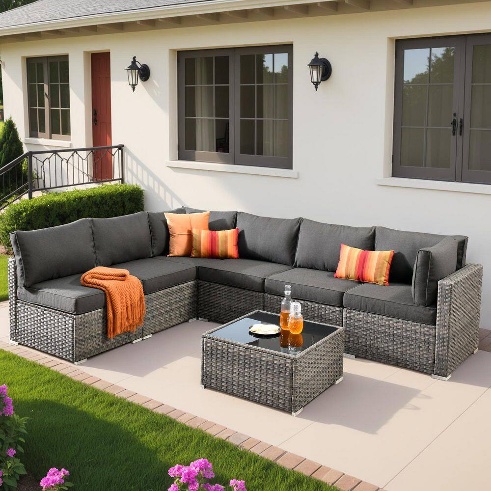 XIZZI Gemini 7 Piece Wicker Outdoor Sectional Set with Black Cushions