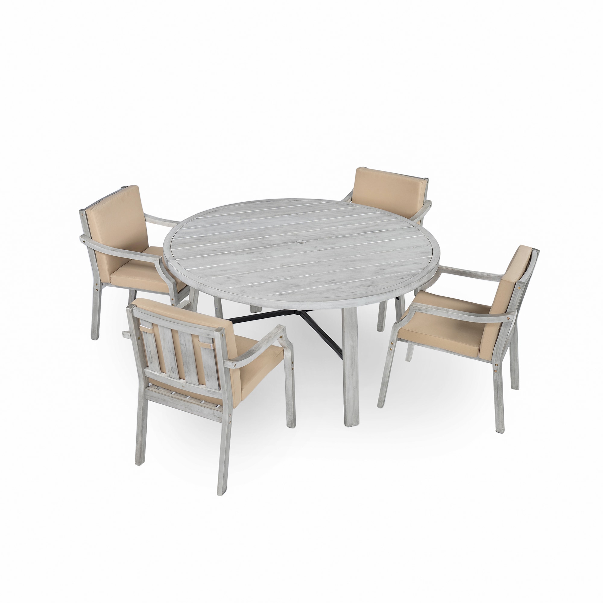 SINOFURN SYB060021BG 5 -Piece Antique Gray Patio Dining Set Wood Round Table with 4 Brown Cushions Stationary Chairs