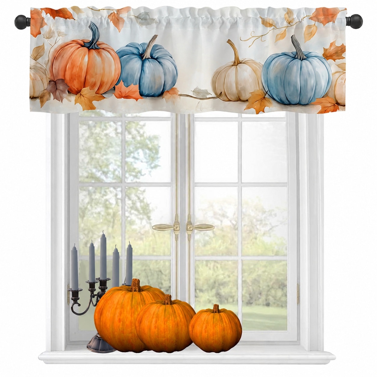 LAIFUCAM  Fall Curtain Valance Autumn Blue Pumpkin Semi Sheer Linen Window Valance Rod Pocket Light Filtering for Kitchen Living Room Bedroom 1