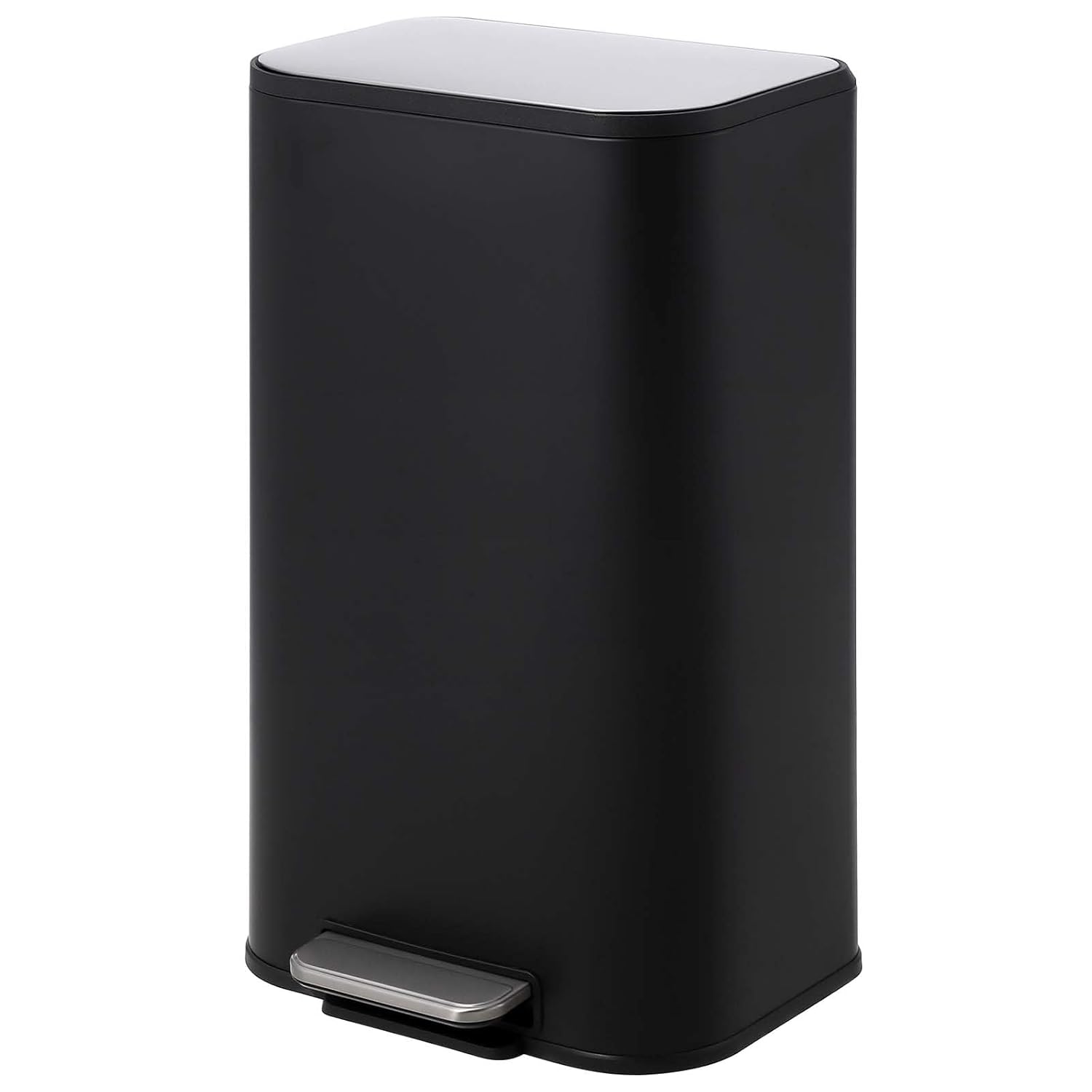Qeetex JBX-PIS3337B57P Eight Gallon Kitchen Trash Can With Soft Close Lid Matte Black Stainless Steel Step On Pedal Rectangular Removable Inner Bucket Fingerprint Resistant And Scratch Proof Black