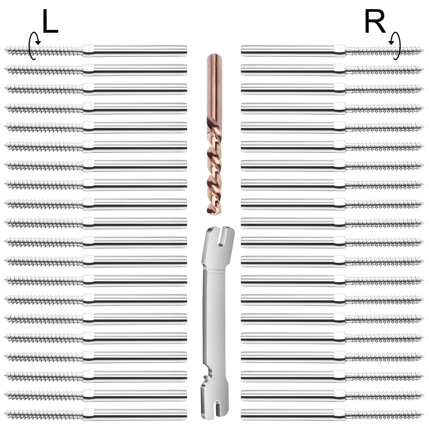 ITOPFOX  40 Pack 3/16 Inch Swage Lag Screws Left and Right Hand Thread T316 Stainless Steel Cable Railing Hardware for Wood Posts