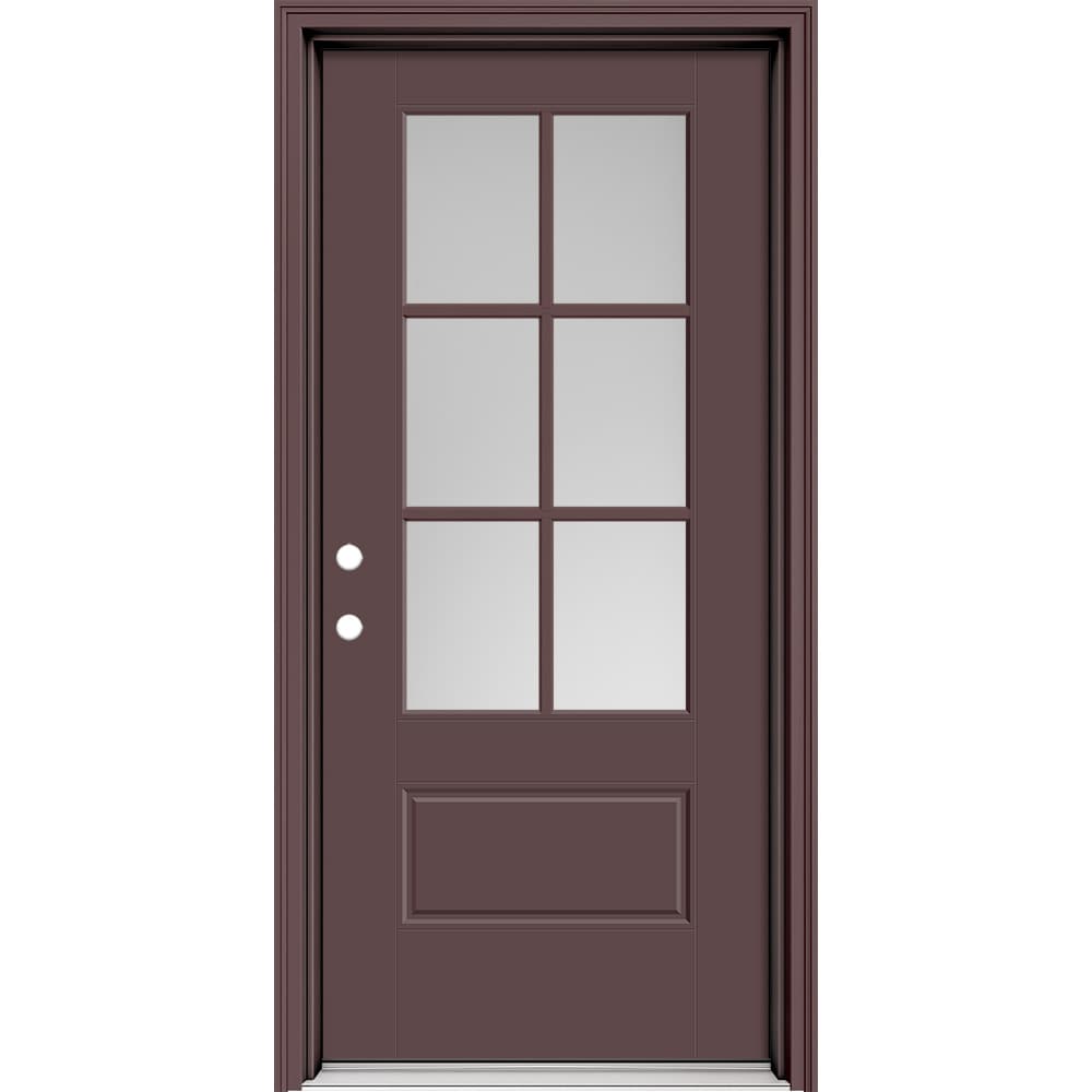 Masonite 630433 Performance Door System 36-in x 80-in x 4-9/16-in Fiberglass 3/4 lite Left-hand inswing Currant Painted Prehung Front Door with Brickmould Insulating core with Grilles
