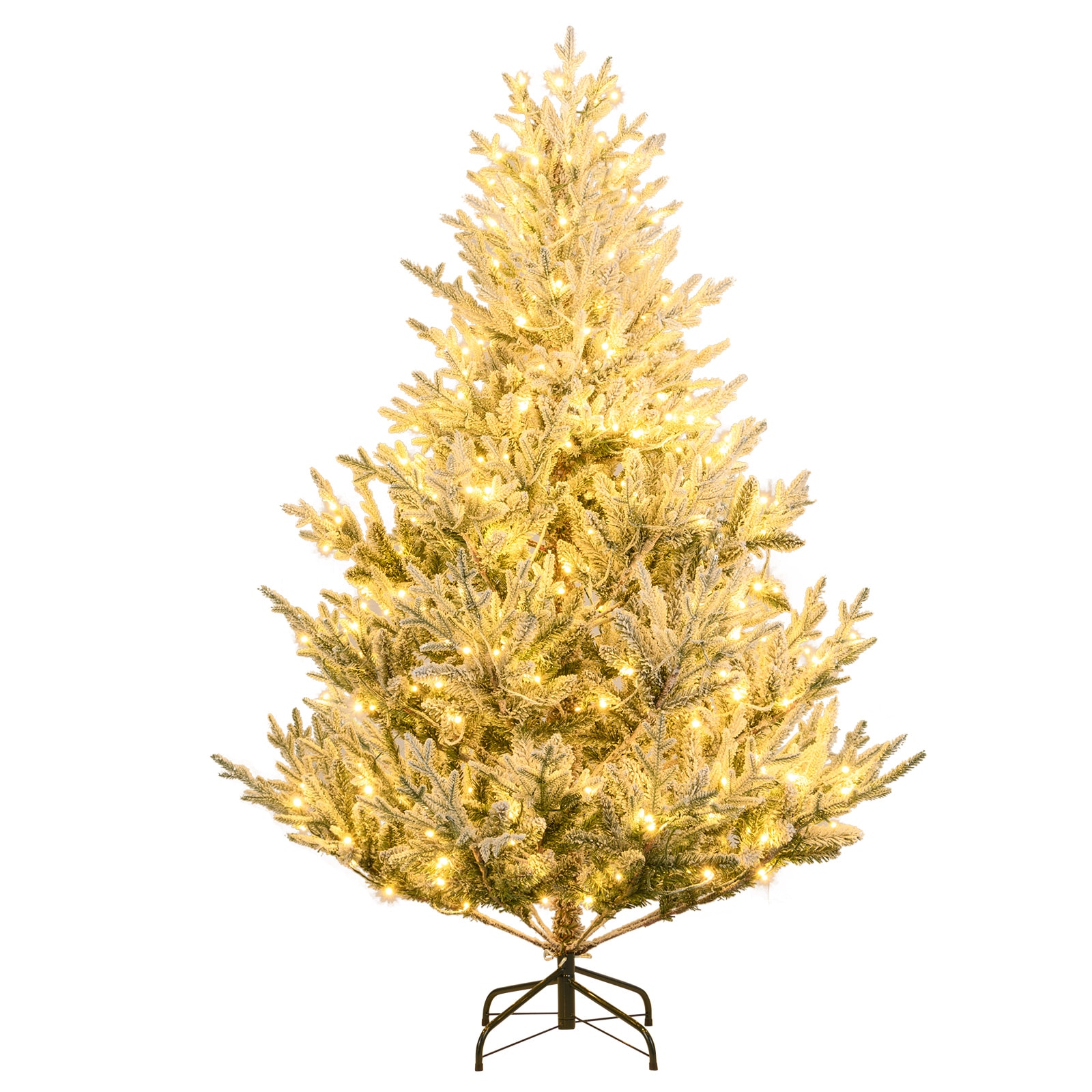Slickblue 6/7/8 ft Pre Lit Full Green Artificial Christmas Tree with Snow Flocked Warm White LED Lights and Hinged Branch for Home or Mall Decoration