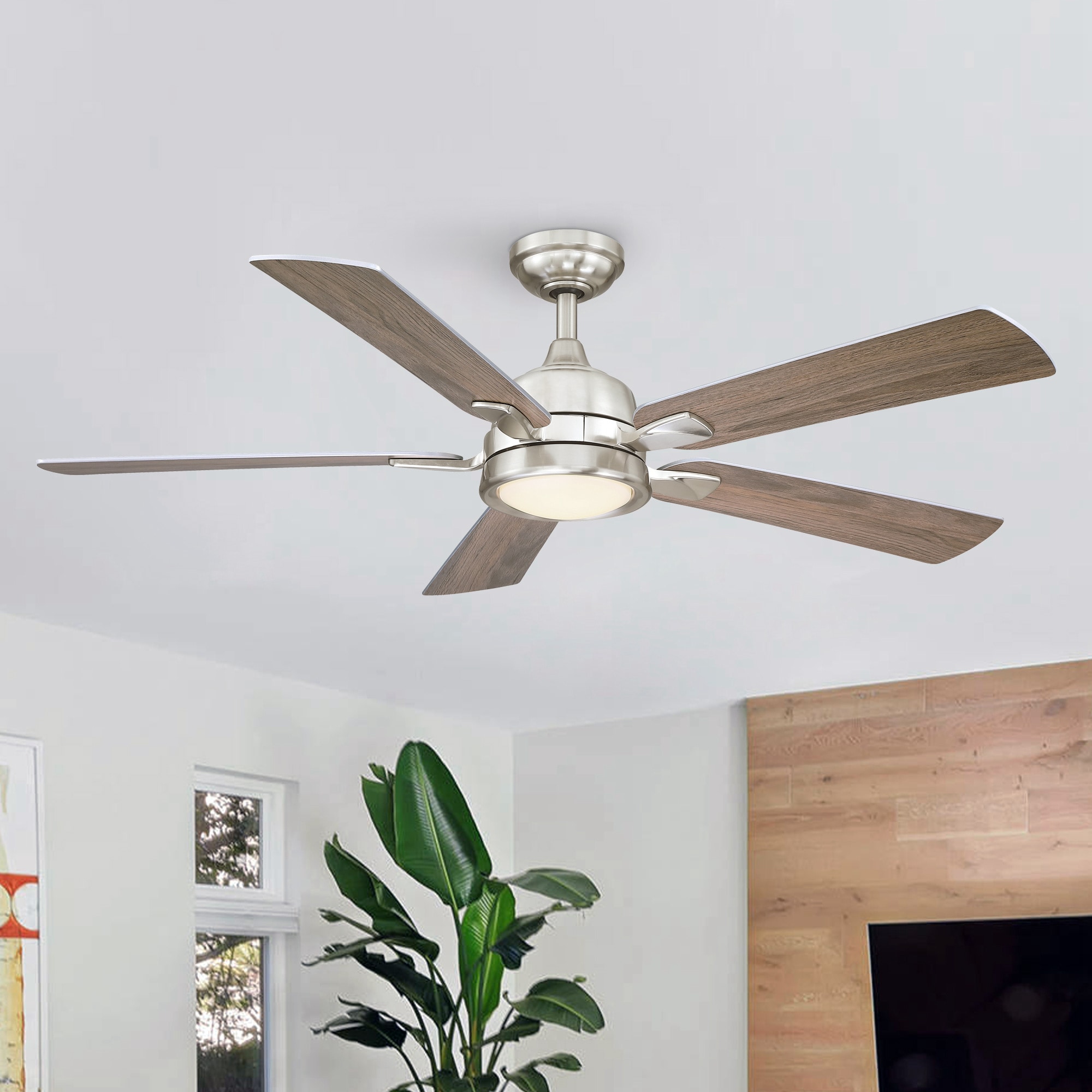 Parrot Uncle BBLAB017A0 52-in Integrated LED Brushed Nickel with Silver and Weathered Oak Blades Ceiling Fan With Light - Remote Included ( 5 -Blade )