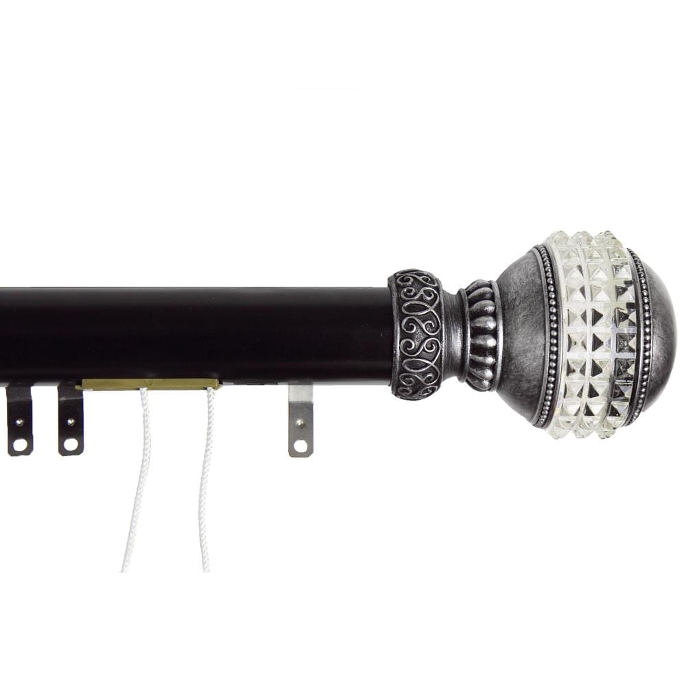 Rod Desyne DTS-51-482 1.5-in Gemstone 48-in to 84-in Black Steel Traverse curtain rod with Finials