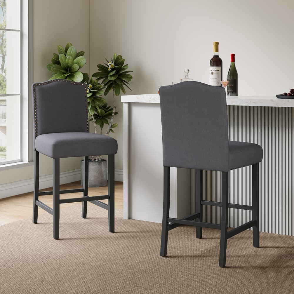 Maison Boucle JACE-COUNTER-GRAY Set of 2 Upholstered Counter Height Barstools 26.25 Inch in Dark Charcoal Seat for Kitchen
