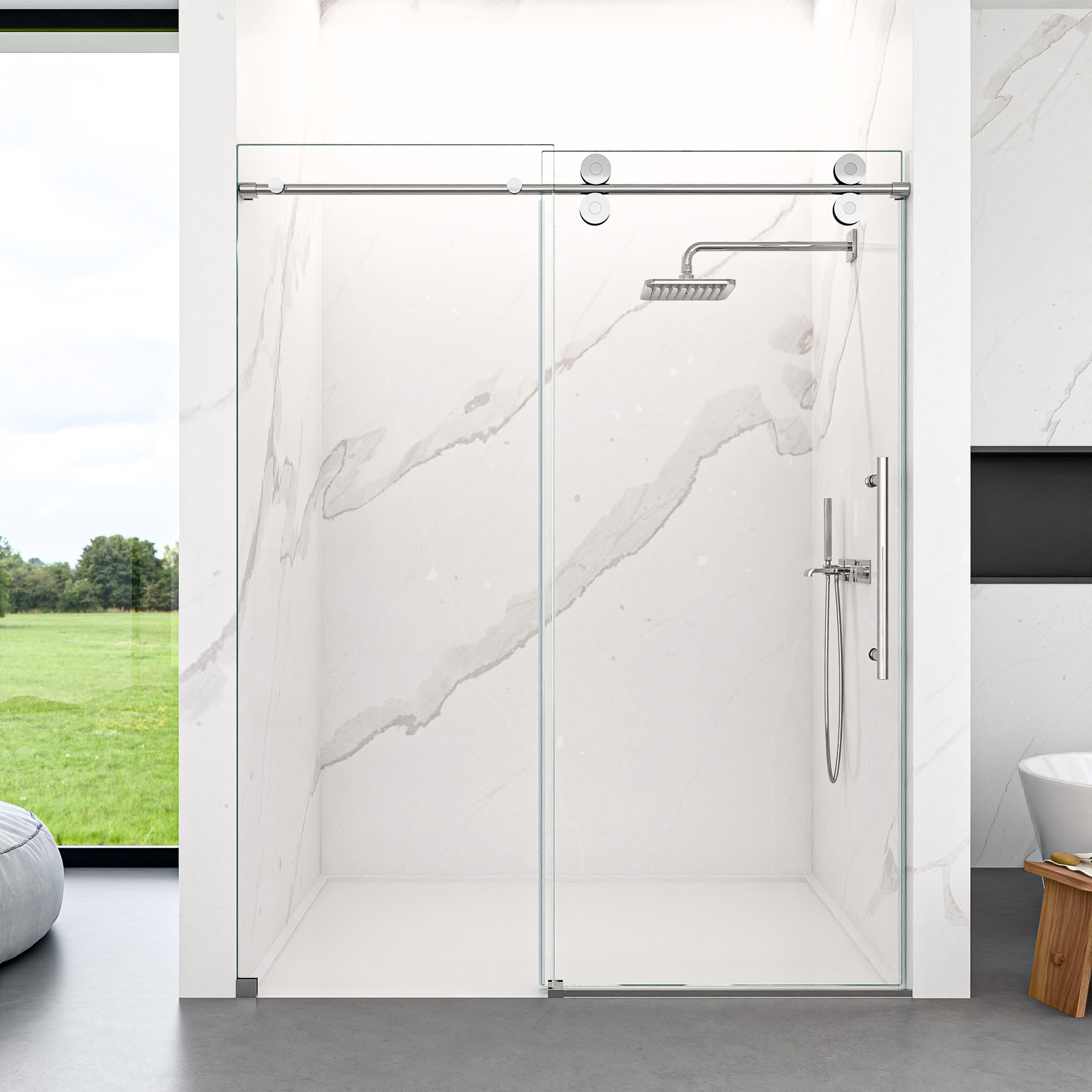 GDFStudio 44 in-48 in W x 76 in H Modern America Design Frameless Double Sliding Shower Door with 5/16 in (8mm) SGCC Tempered Glass and Stainless Steel Hardware - Chrome
