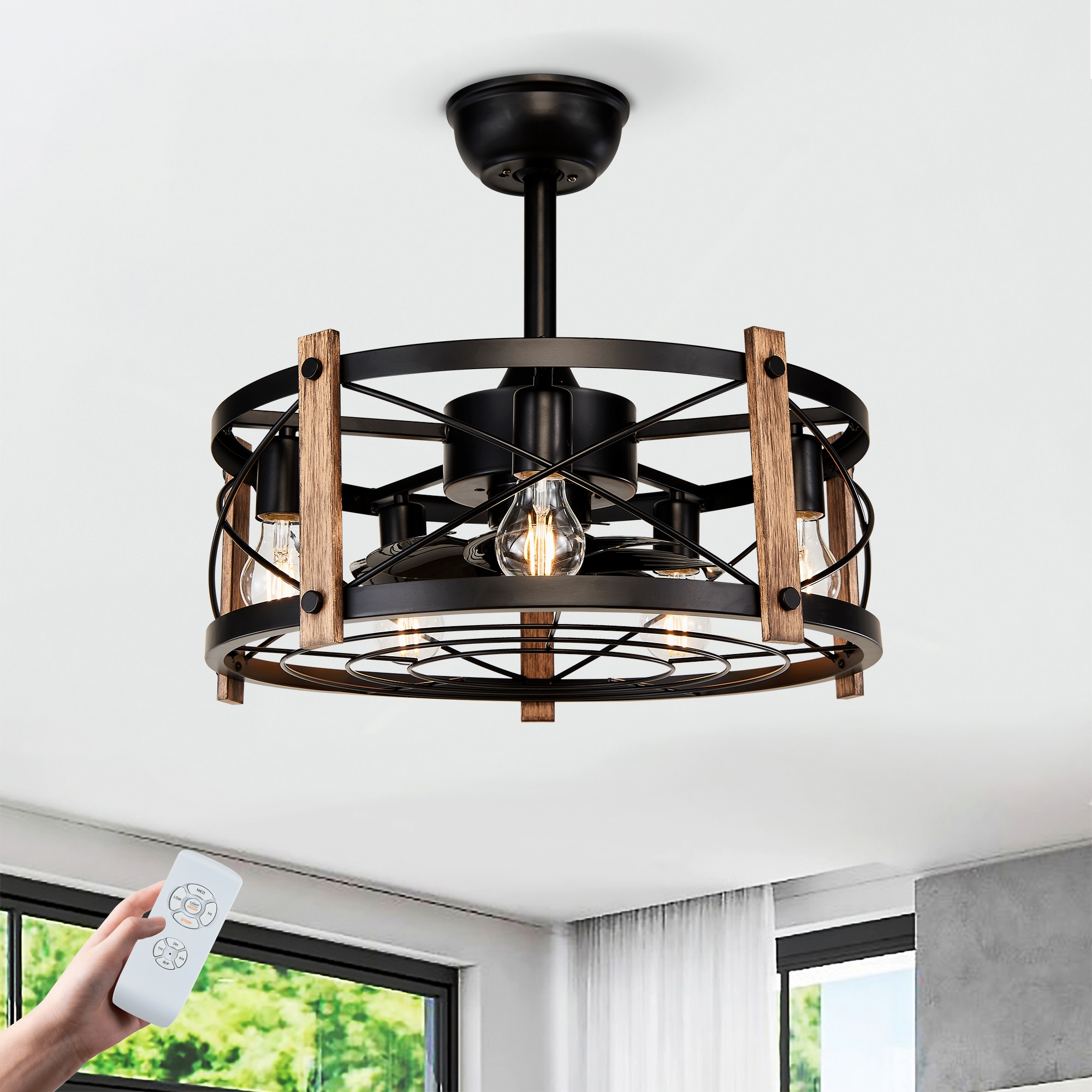 JUSHUA - 20 Inches Cage Ceiling Fan With Remote Control Quiet Motor Fan Light Indoor Chandelier C...