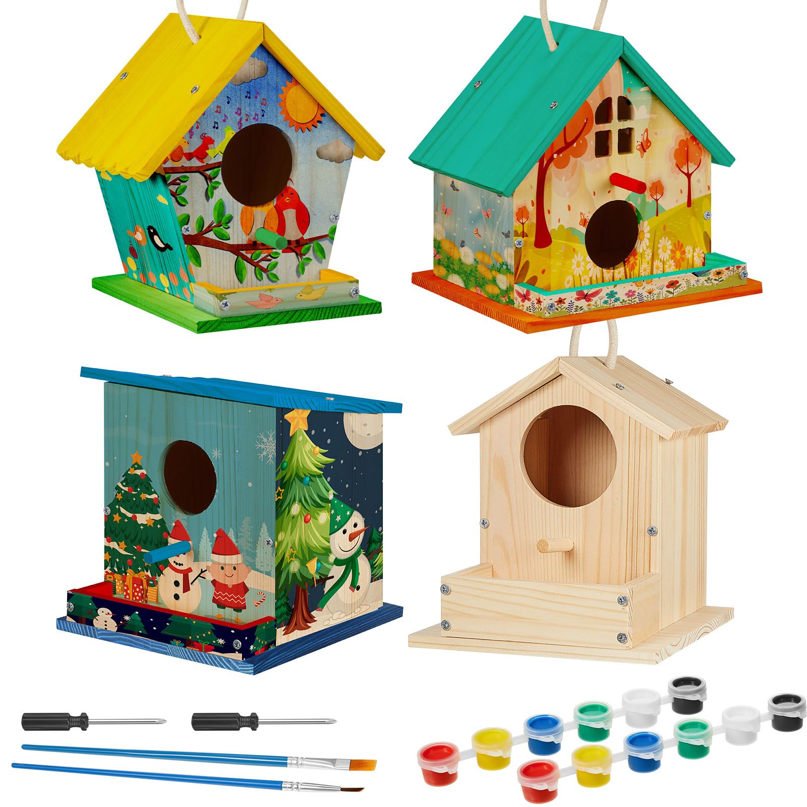 Misopily - 4 Pack DIY Wooden Birdhouse Kit with Paint Paintbrushes Screws Rope and Screwdriver 6...
