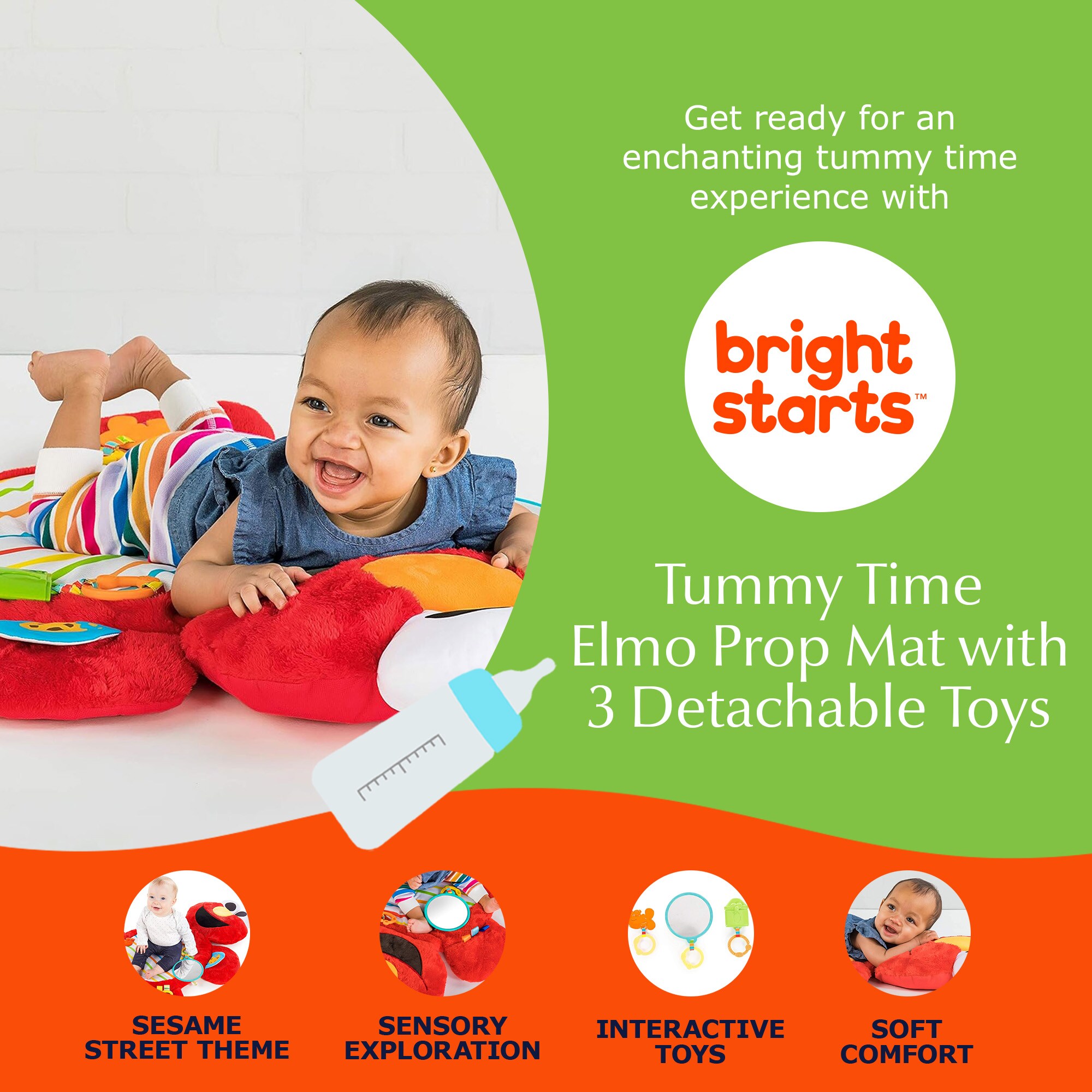 Bright Starts Sesame Street Tummy Time Elmo Prop Mat with 3