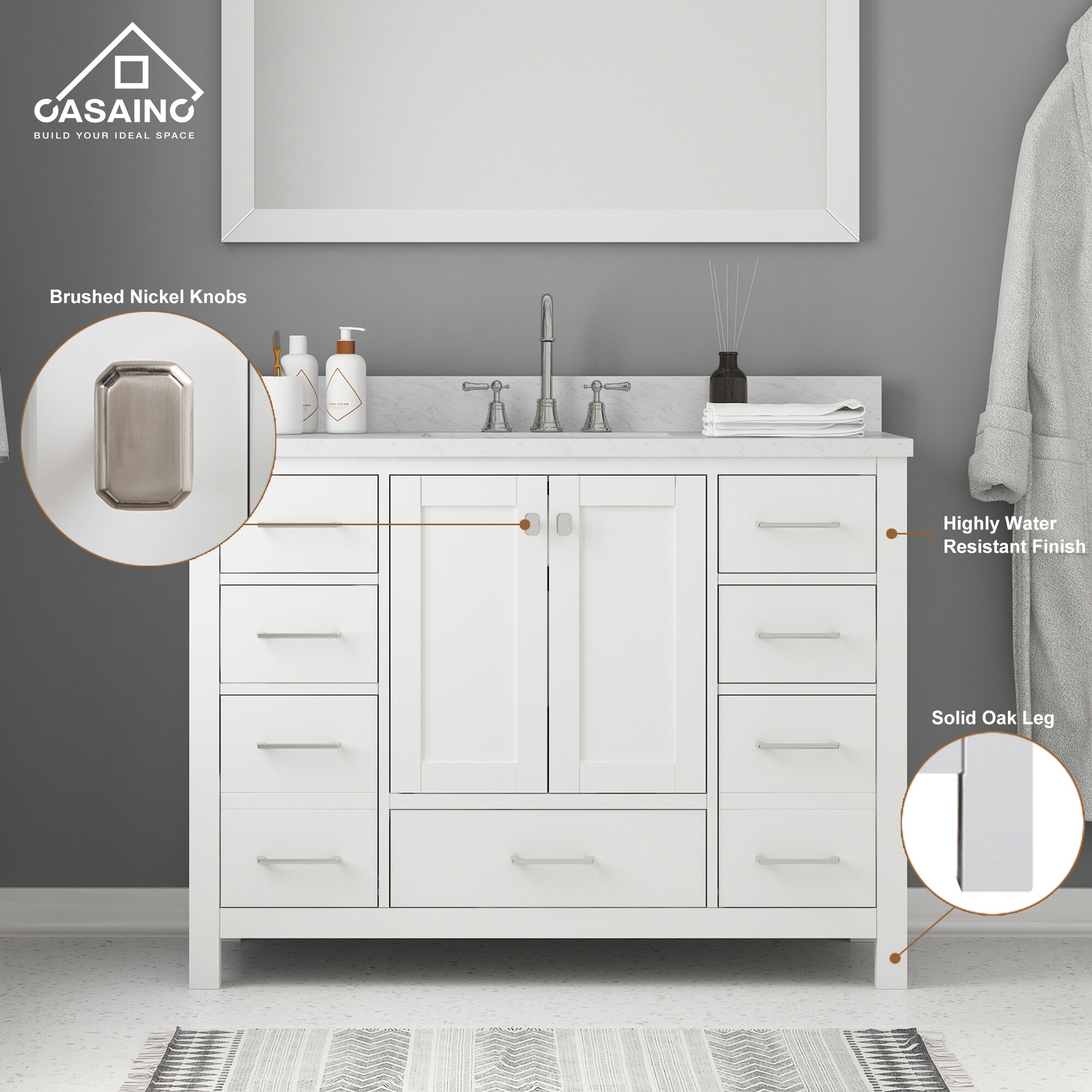 Casainc 48 In White Undermount Single Sink Bathroom Vanity With White Marble Top In The Bathroom 9846