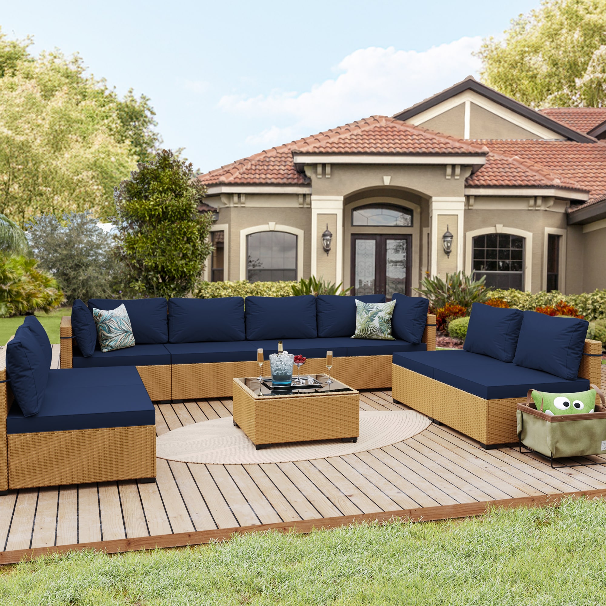 UPHA TBBE-AB2C-NAVYBLUE 9 -Piece Wicker Patio Sofa Conversation Set with Navy Cushions