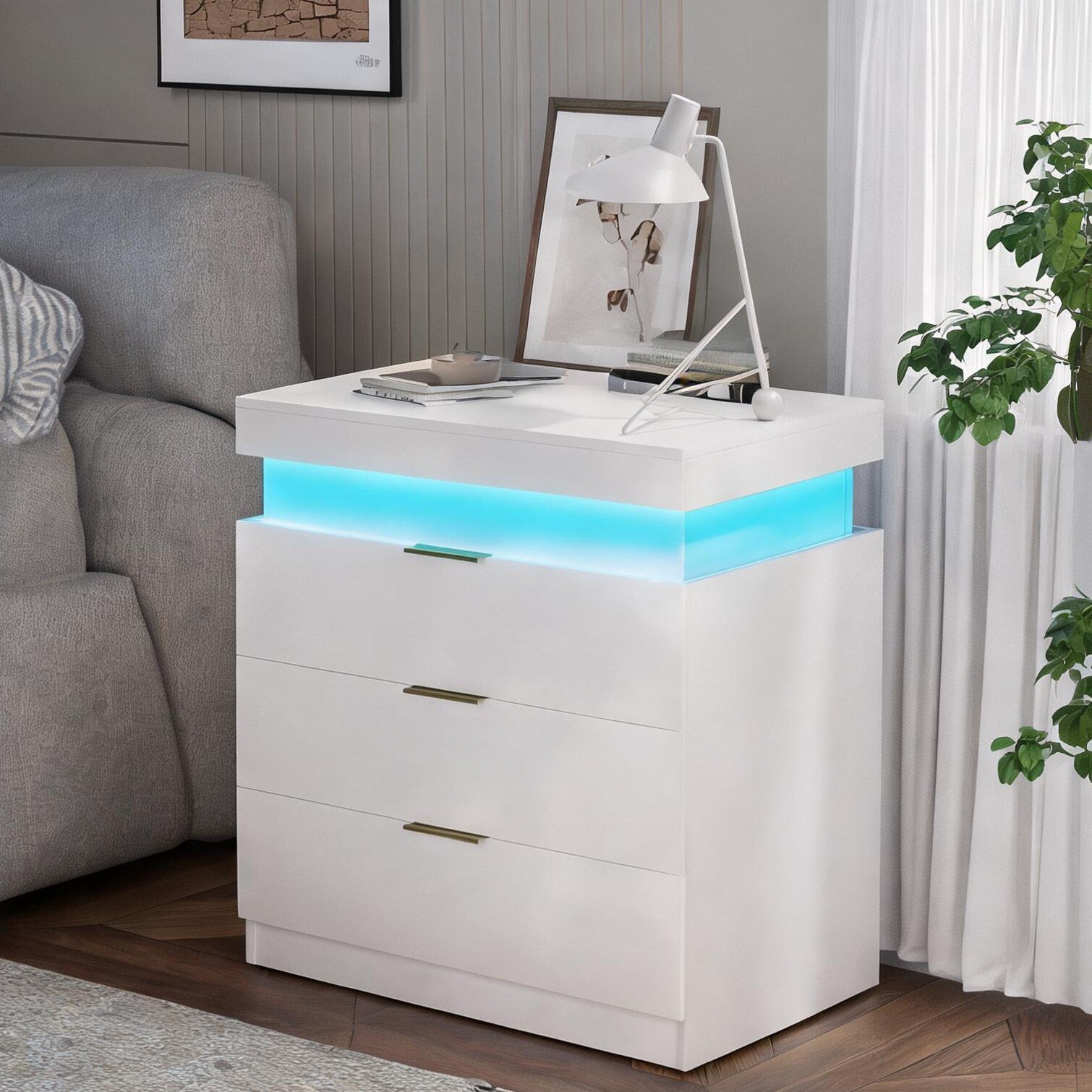 SUNCREAT Clean white particle board nightstand with charging station ...